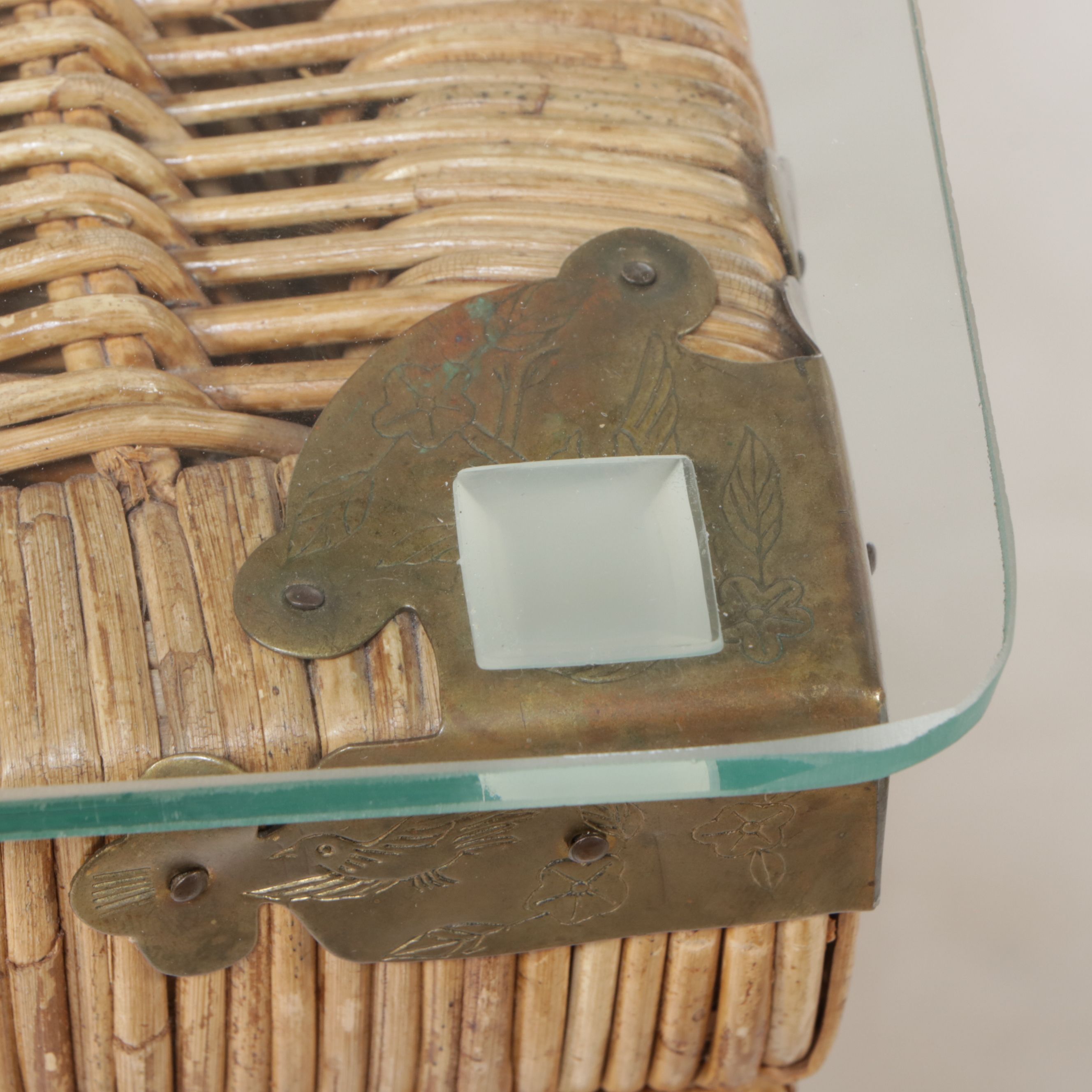 Chinese Style Brass Mounted Wicker Rattan Chest Coffee Table