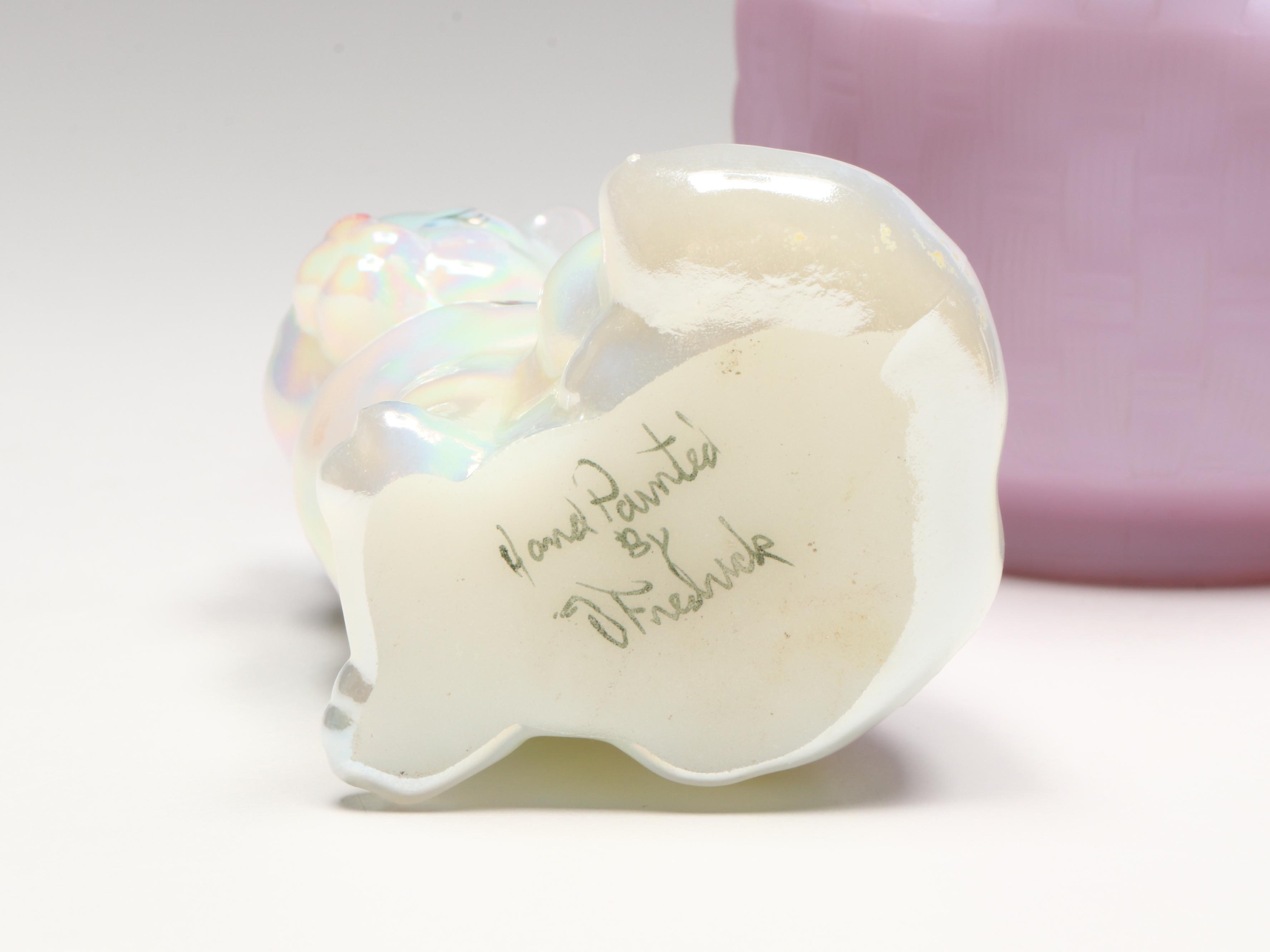 Fenton Hand-Painted Glass Cat and Birds with Lavender Bowl