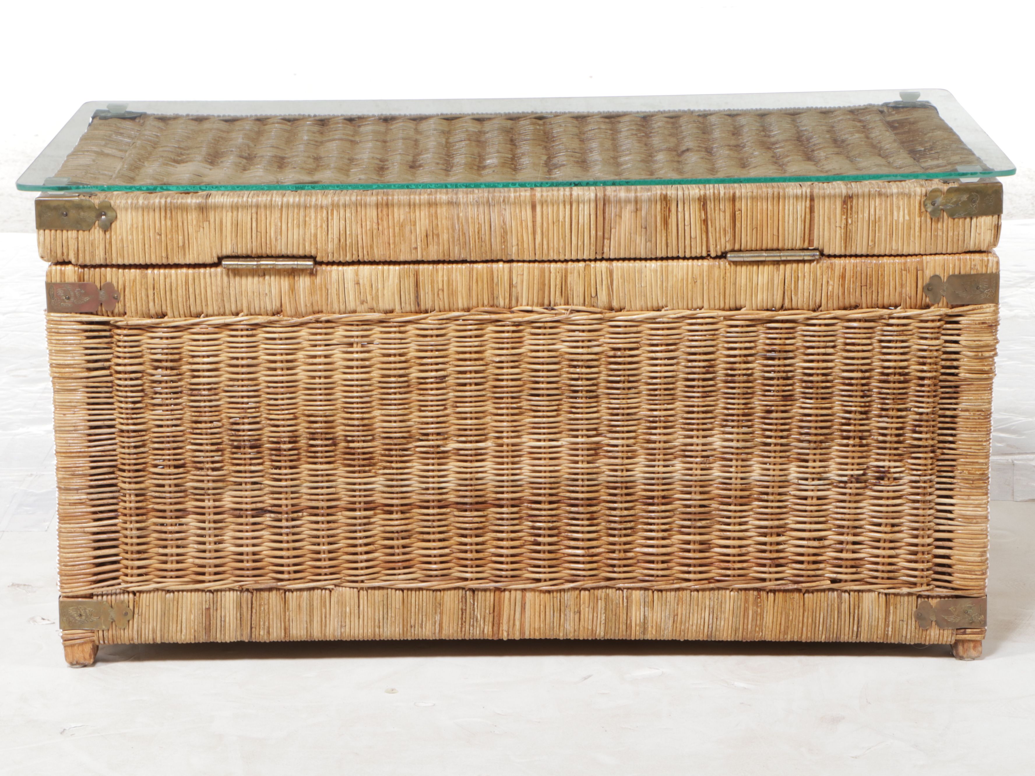 Chinese Style Brass Mounted Wicker Rattan Chest Coffee Table