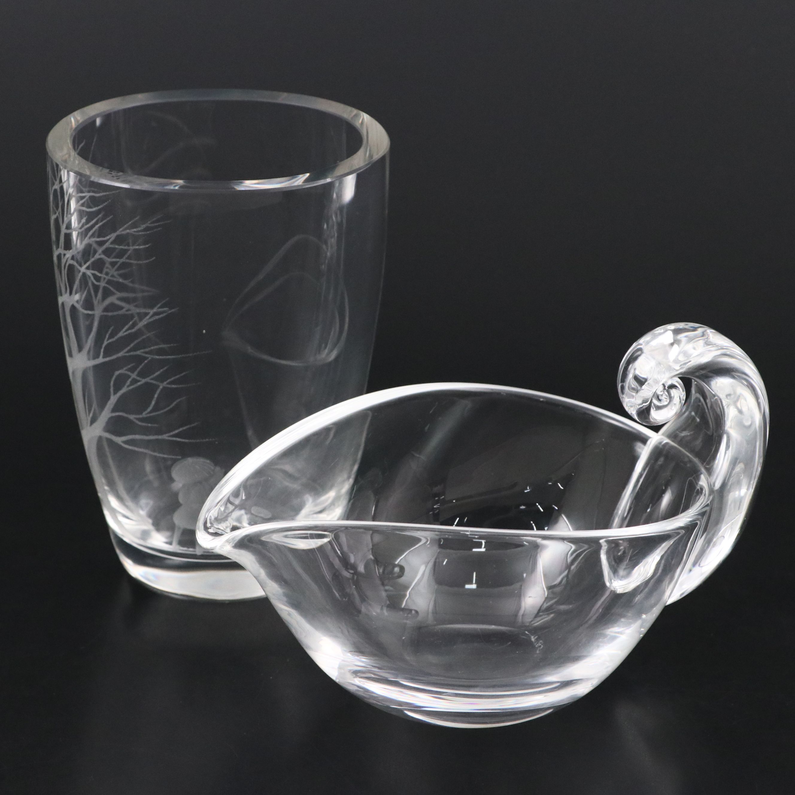 Steuben Art Glass Snail Creamer with Swedish Etched Crystal Vase