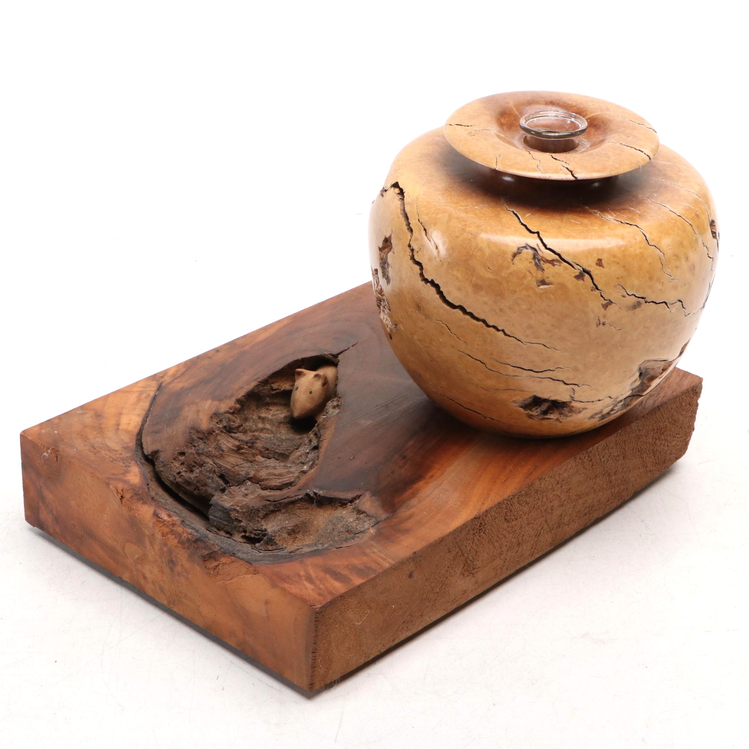 Lowell Sibole Emerging Mouse Wood Carving with Turned Burl Wood Vase