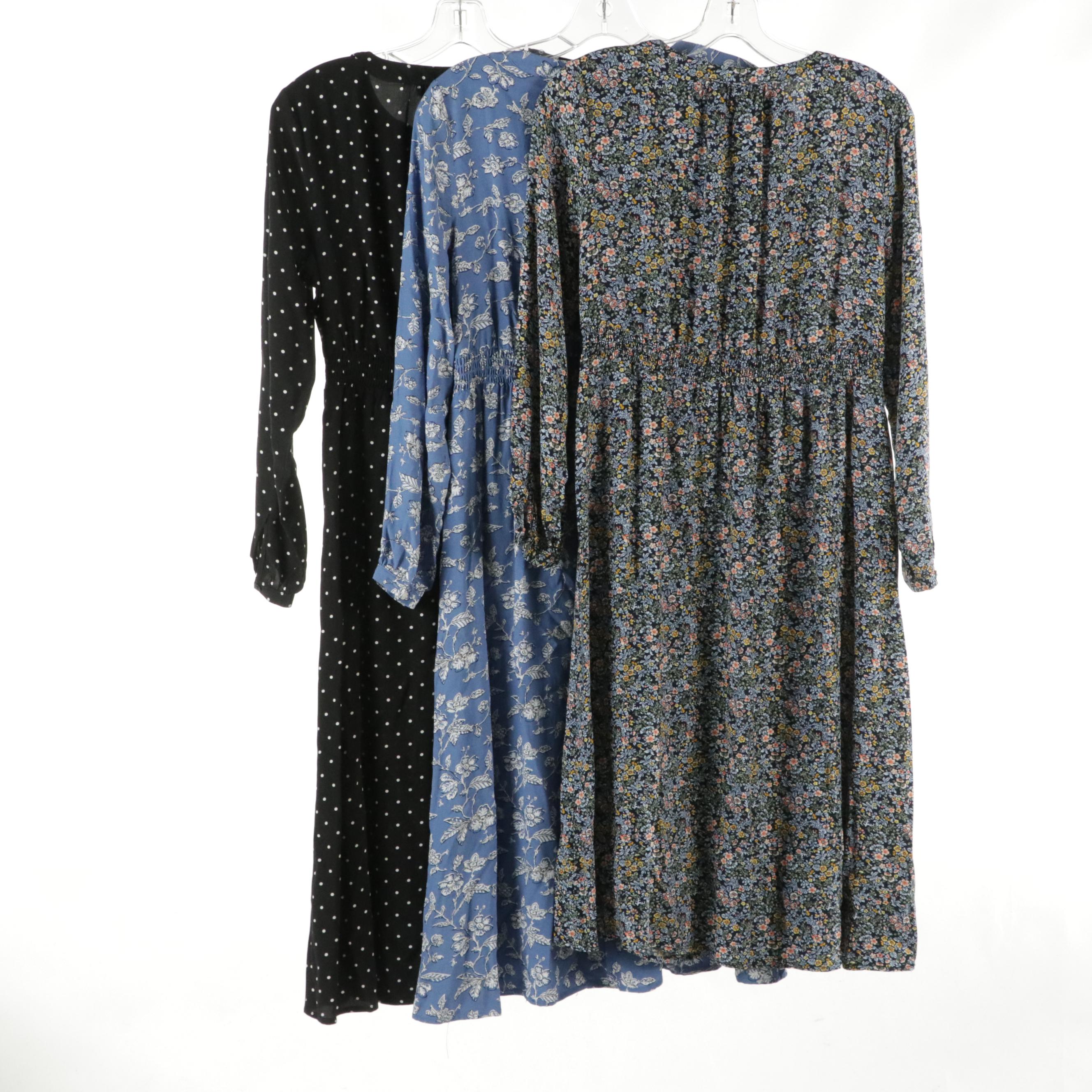 Loft Petites Long Sleeve Button-Front Midi Dresses in Printed Viscose