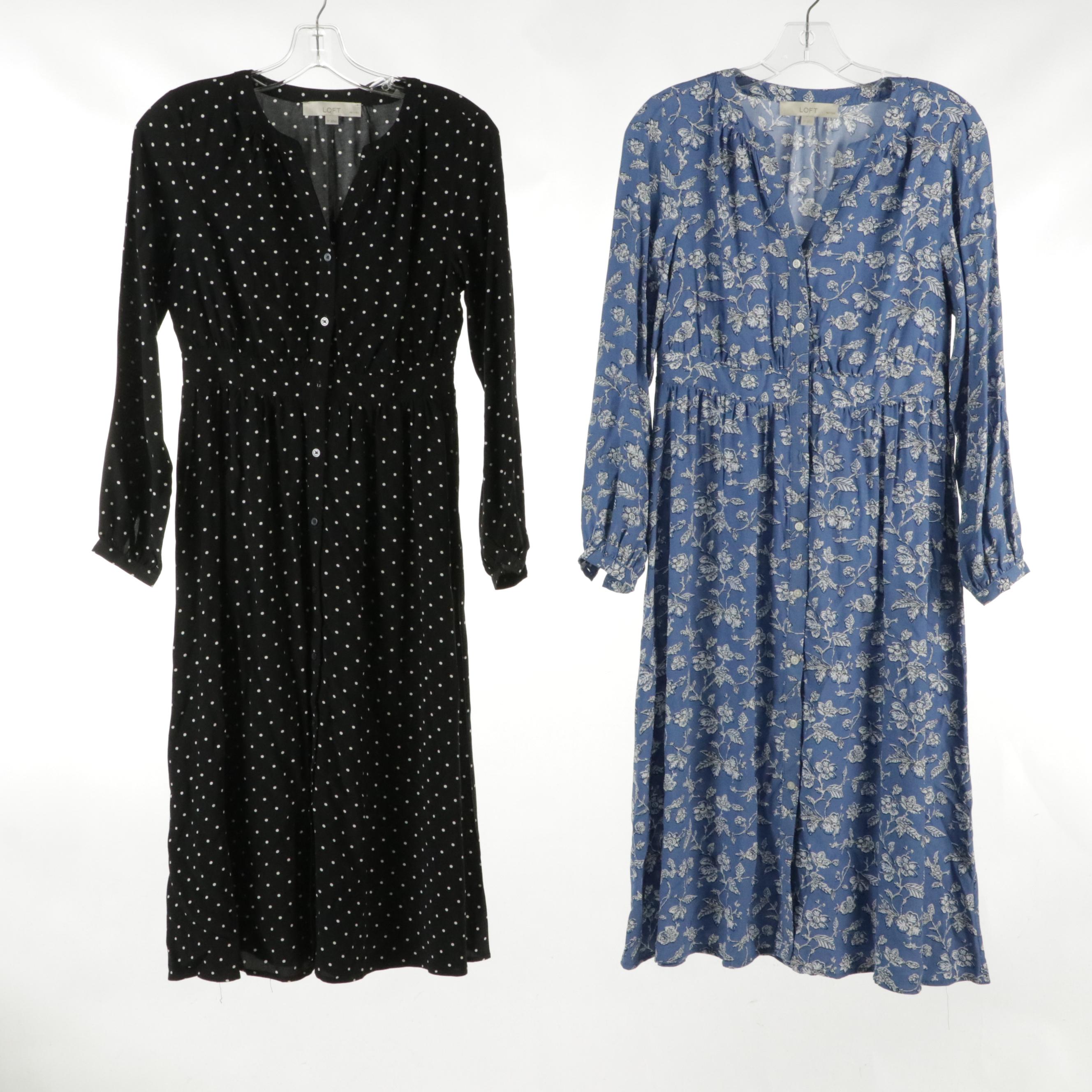 Loft Petites Long Sleeve Button-Front Midi Dresses in Printed Viscose