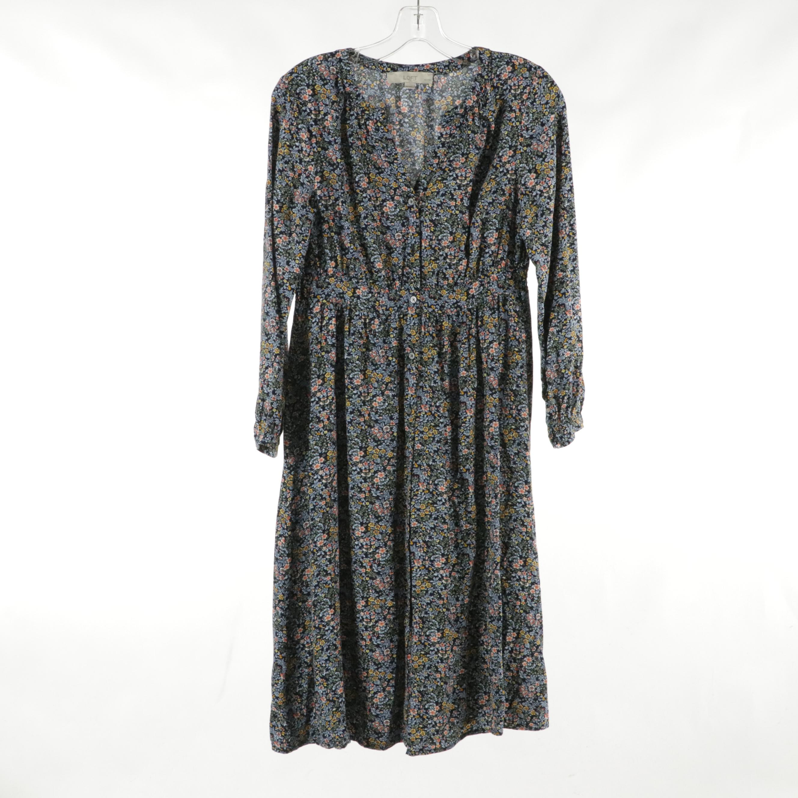 Loft Petites Long Sleeve Button-Front Midi Dresses in Printed Viscose