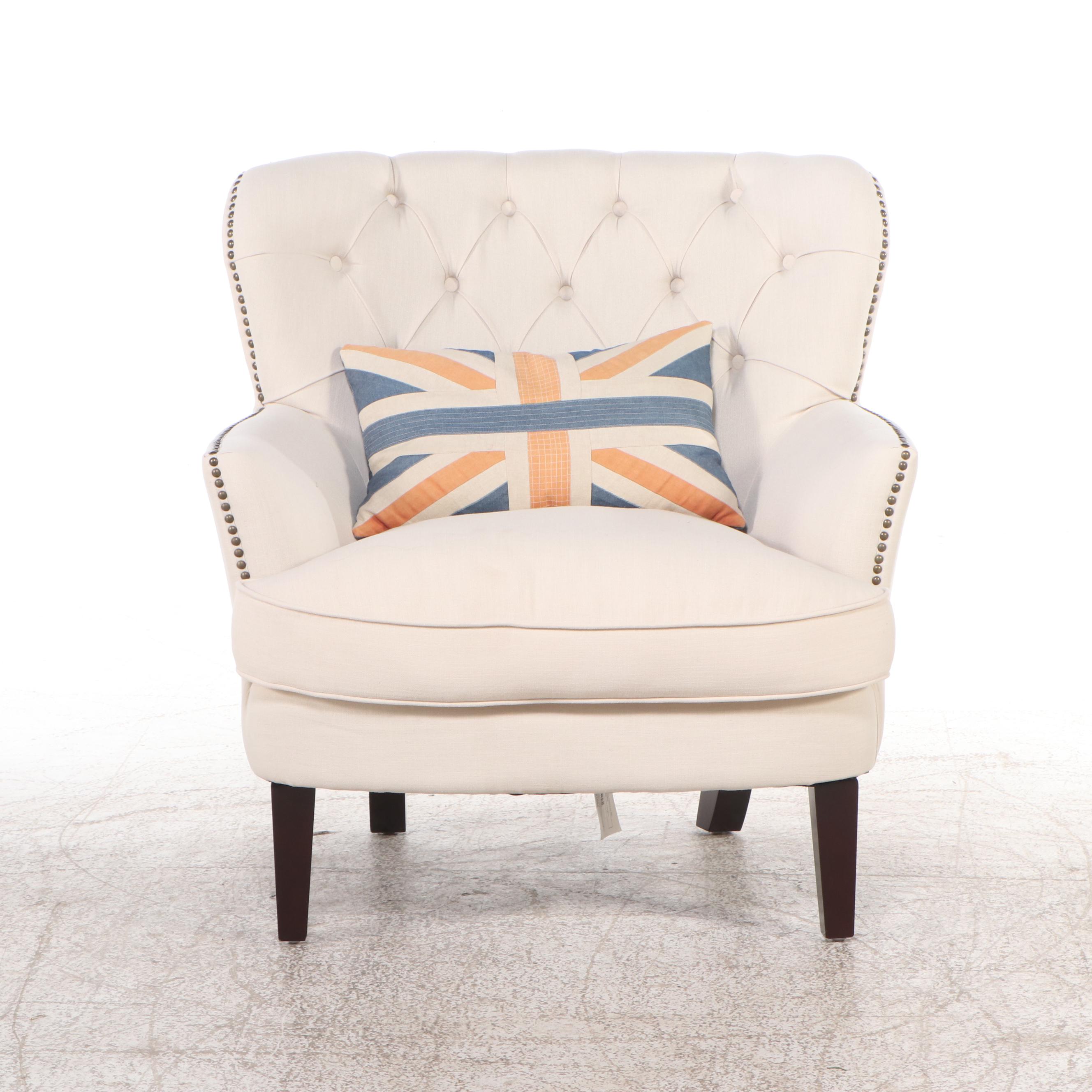 Contemporary Button-Tufted Armchair with Union Jack Throw Pillow