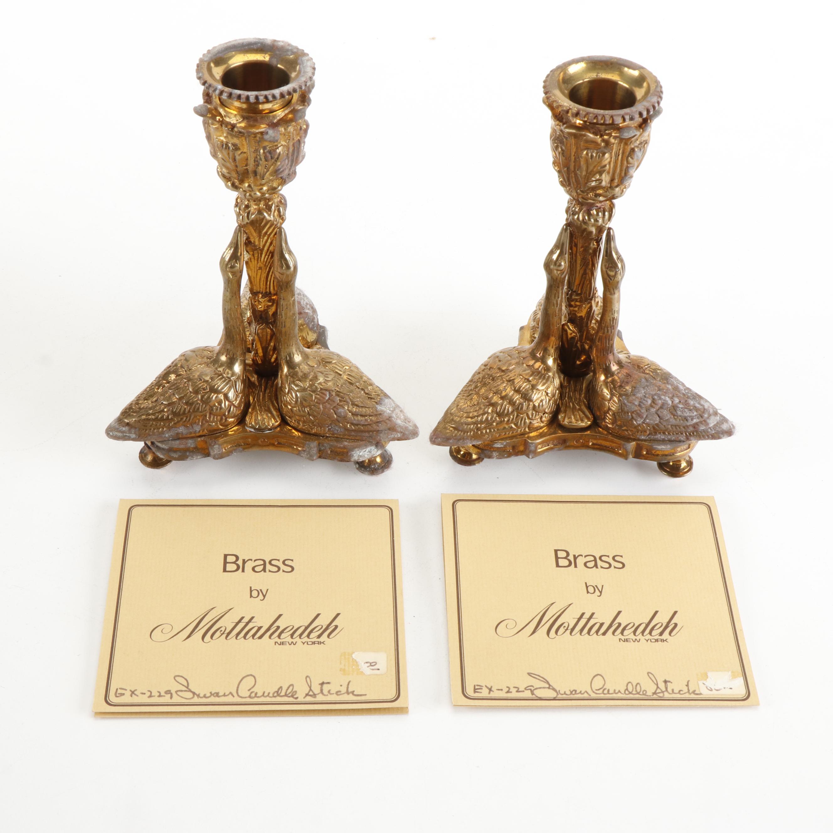 Mottahedeh Brass Swan Candlesticks with Cachetpot and Other Figurines