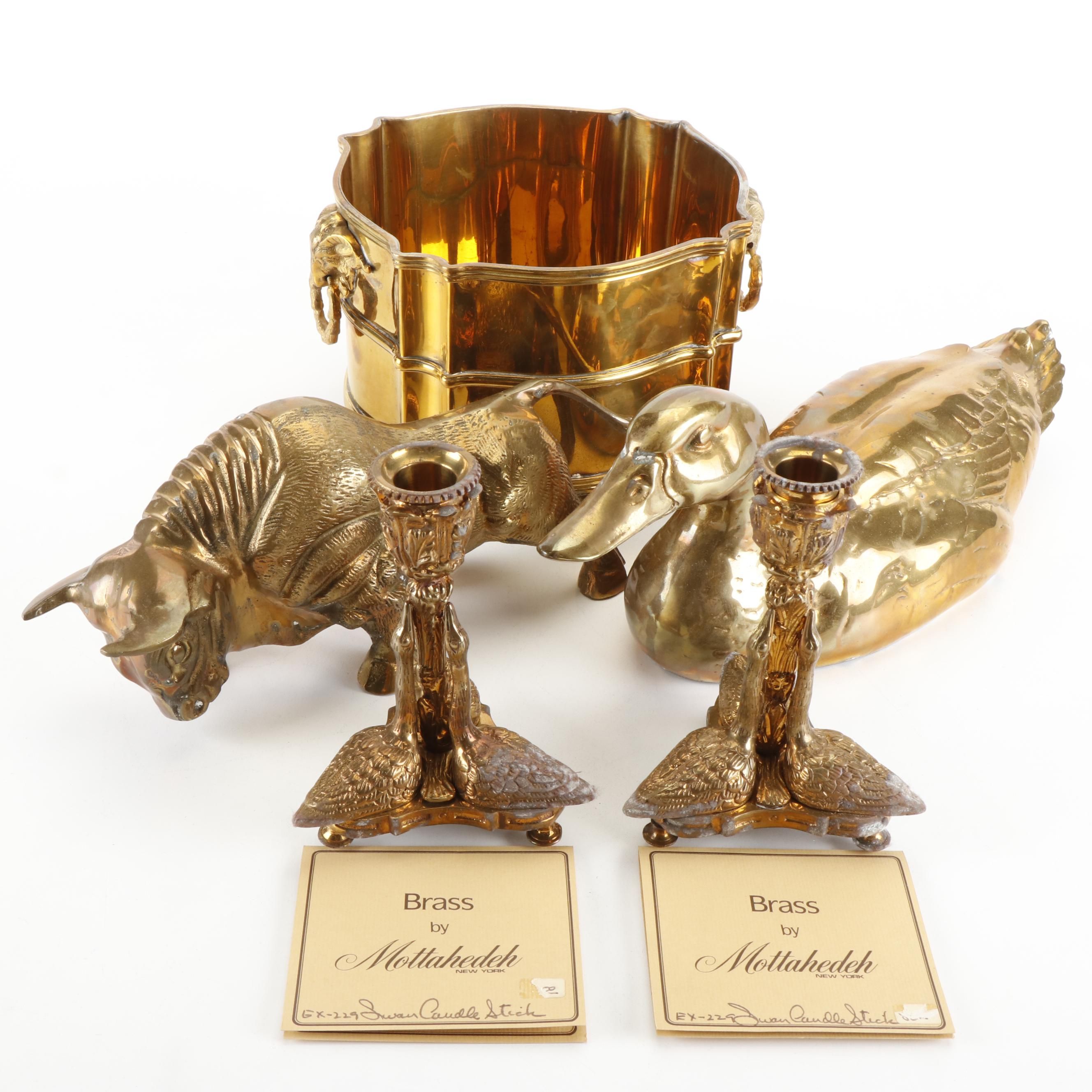 Mottahedeh Brass Swan Candlesticks with Cachetpot and Other Figurines