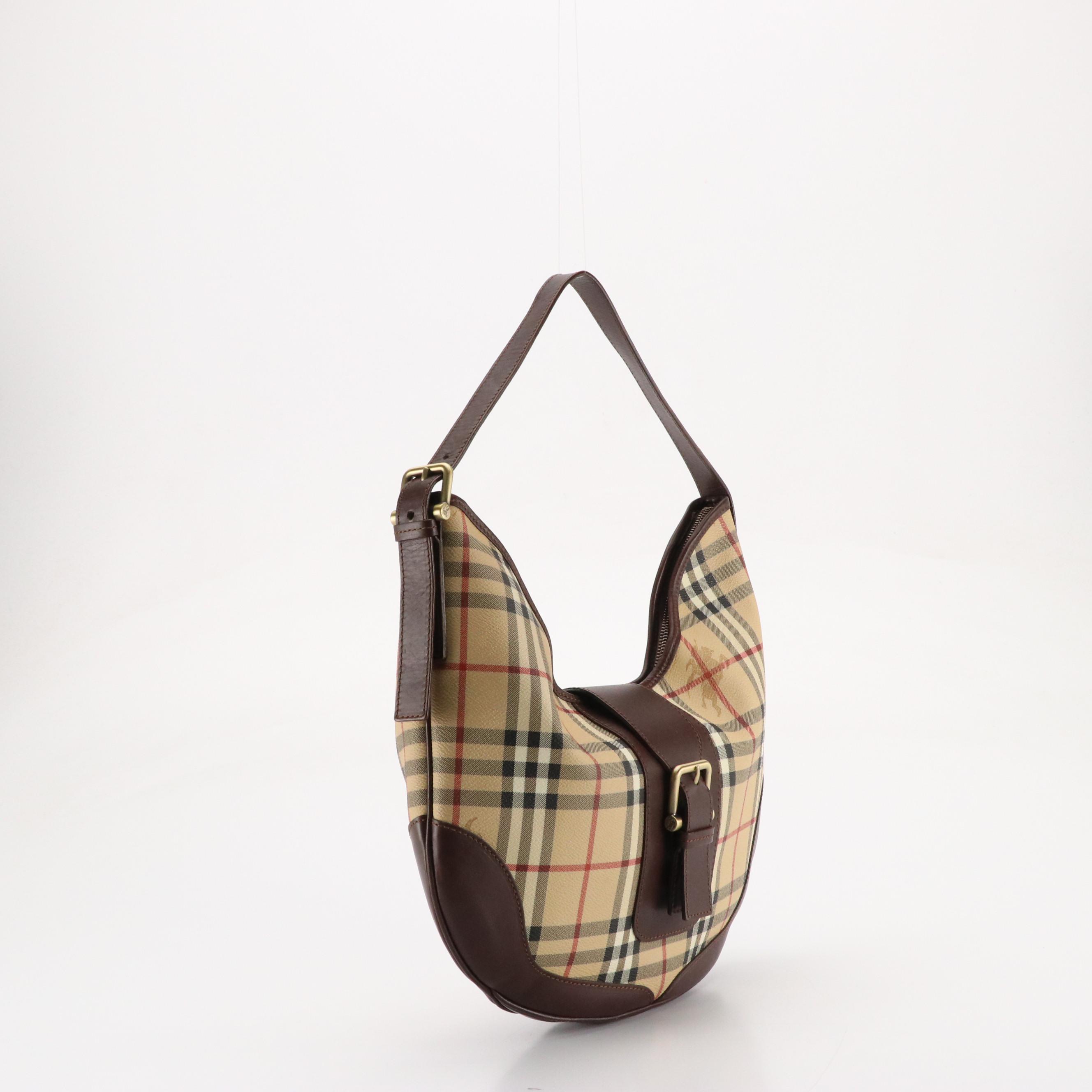 Burberry Large Hobo Shoulder Bag in Haymarket Check Canvas and Brown Leather