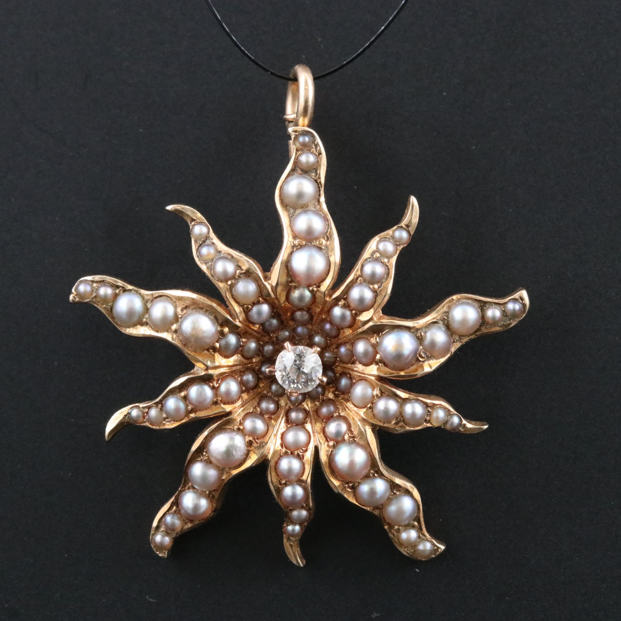 Victorian 14K Diamond and Pearl Sunburst Pendant