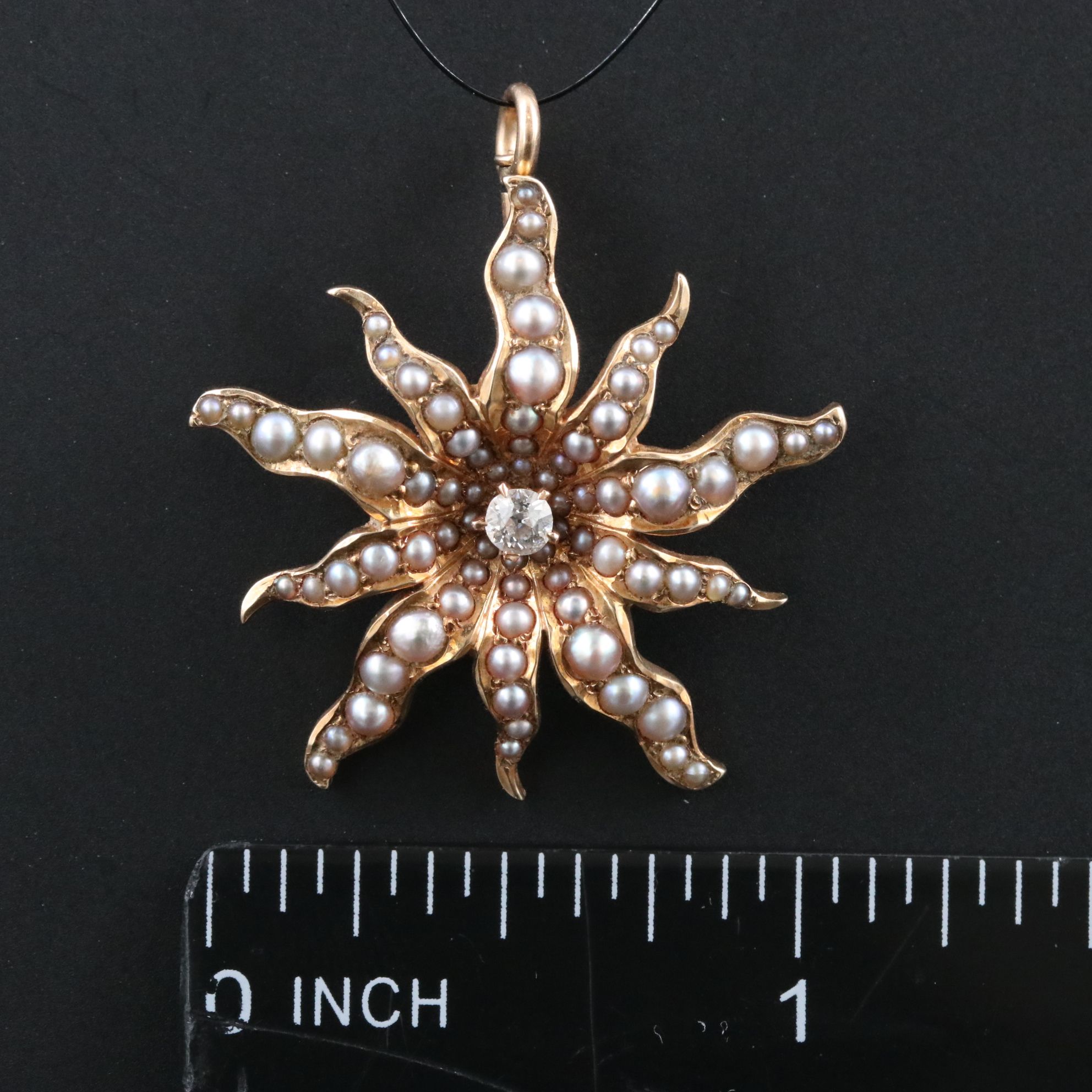 Victorian 14K Diamond and Pearl Sunburst Pendant