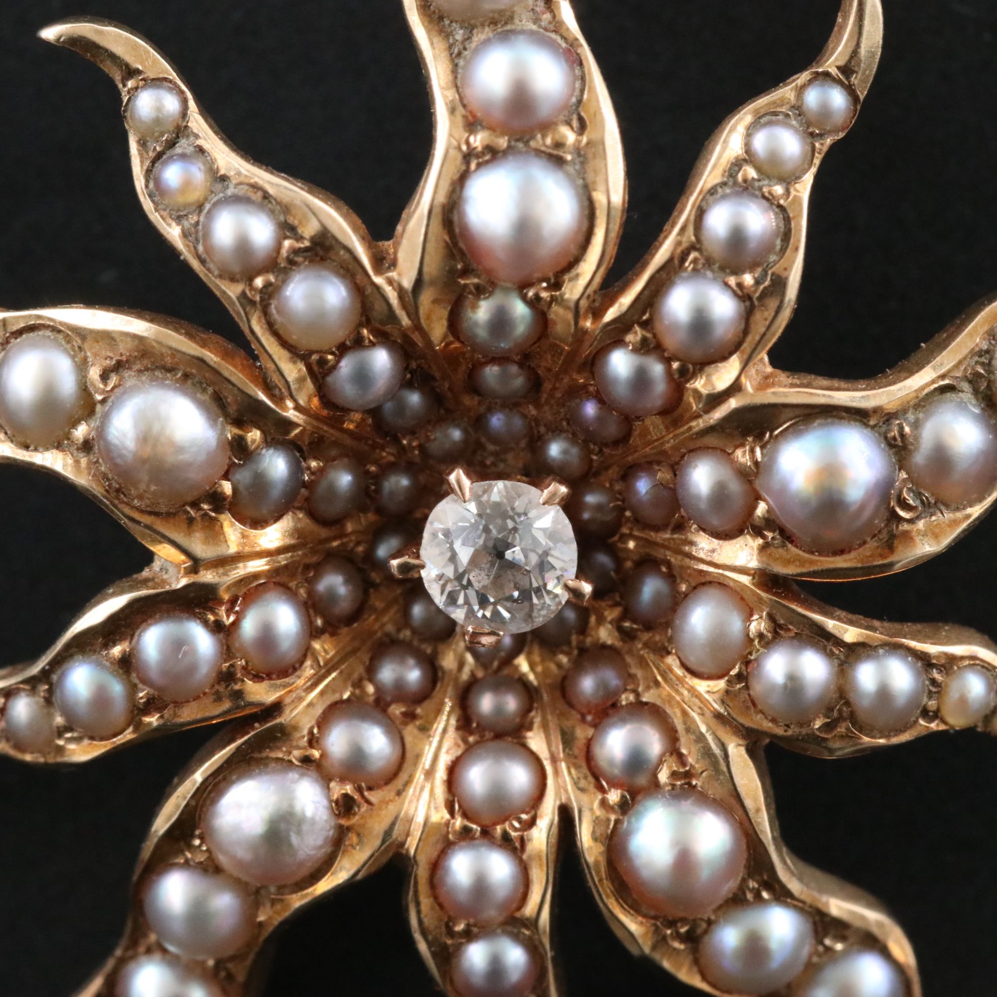 Victorian 14K Diamond and Pearl Sunburst Pendant