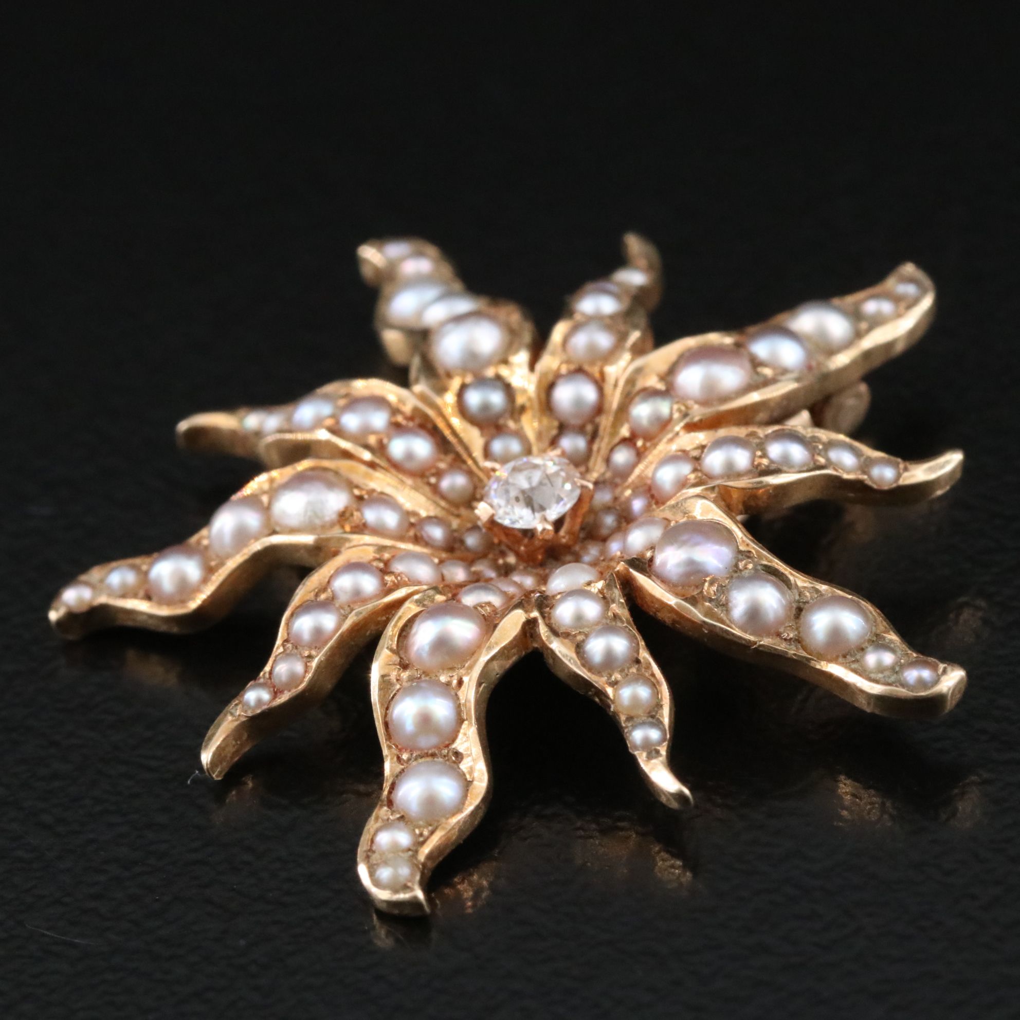 Victorian 14K Diamond and Pearl Sunburst Pendant
