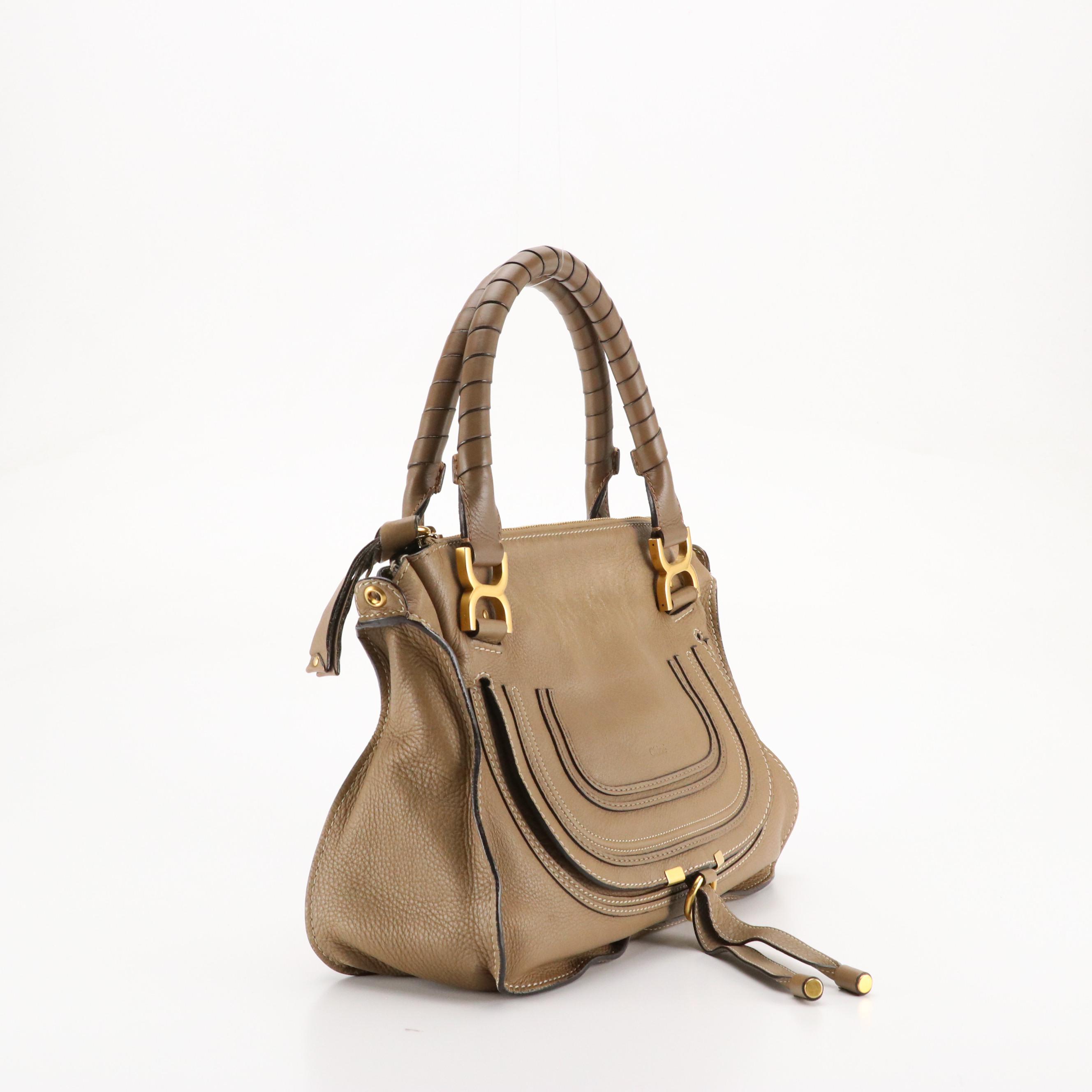 Chloé Marcie Saddle-Stitched Two-Way Bag in Taupe Grained Calfskin Leather