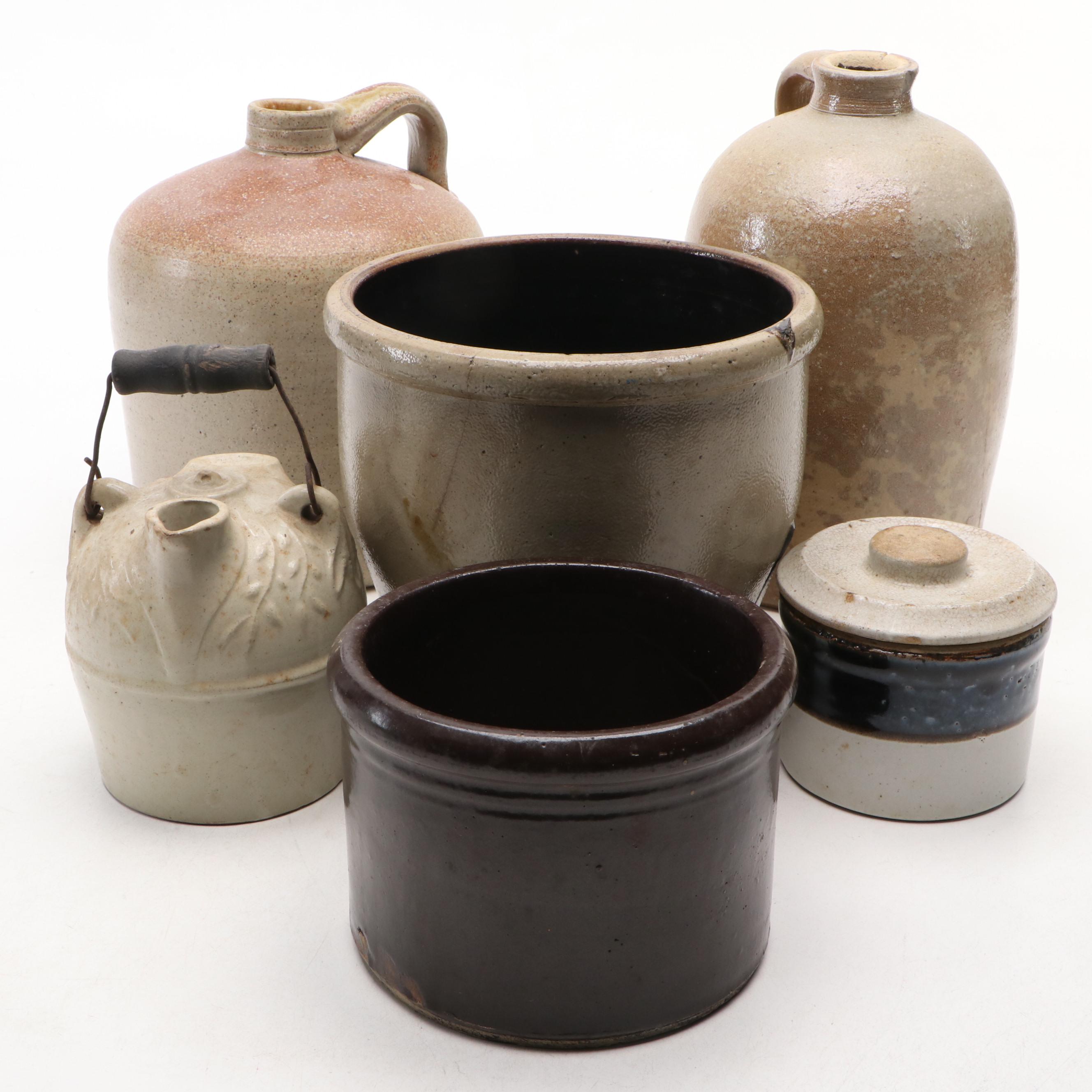 F. H. Weeks Stoneware Syrup Jug with Tobacco Spit Crock and Salt Glazed Jugs