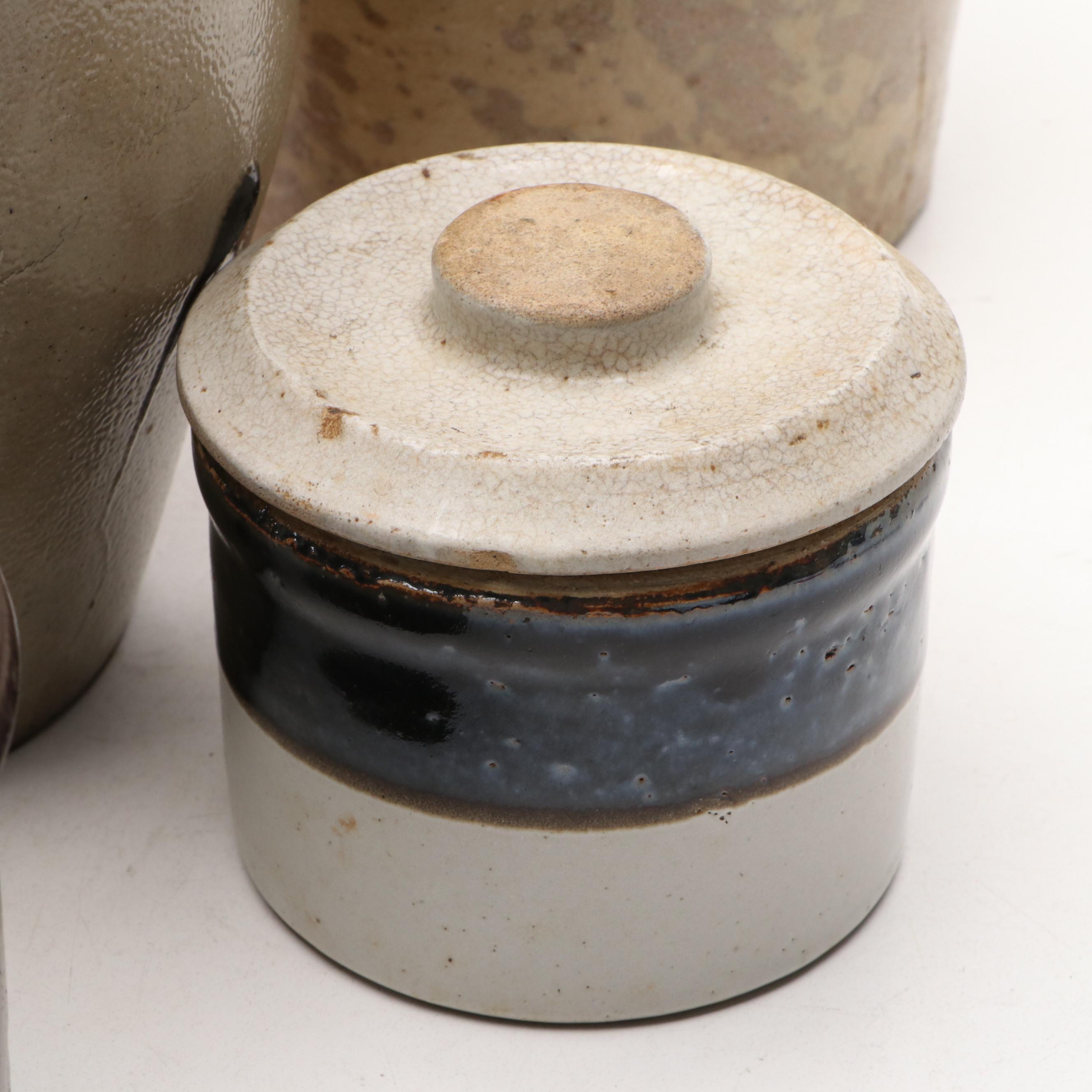 F. H. Weeks Stoneware Syrup Jug with Tobacco Spit Crock and Salt Glazed Jugs