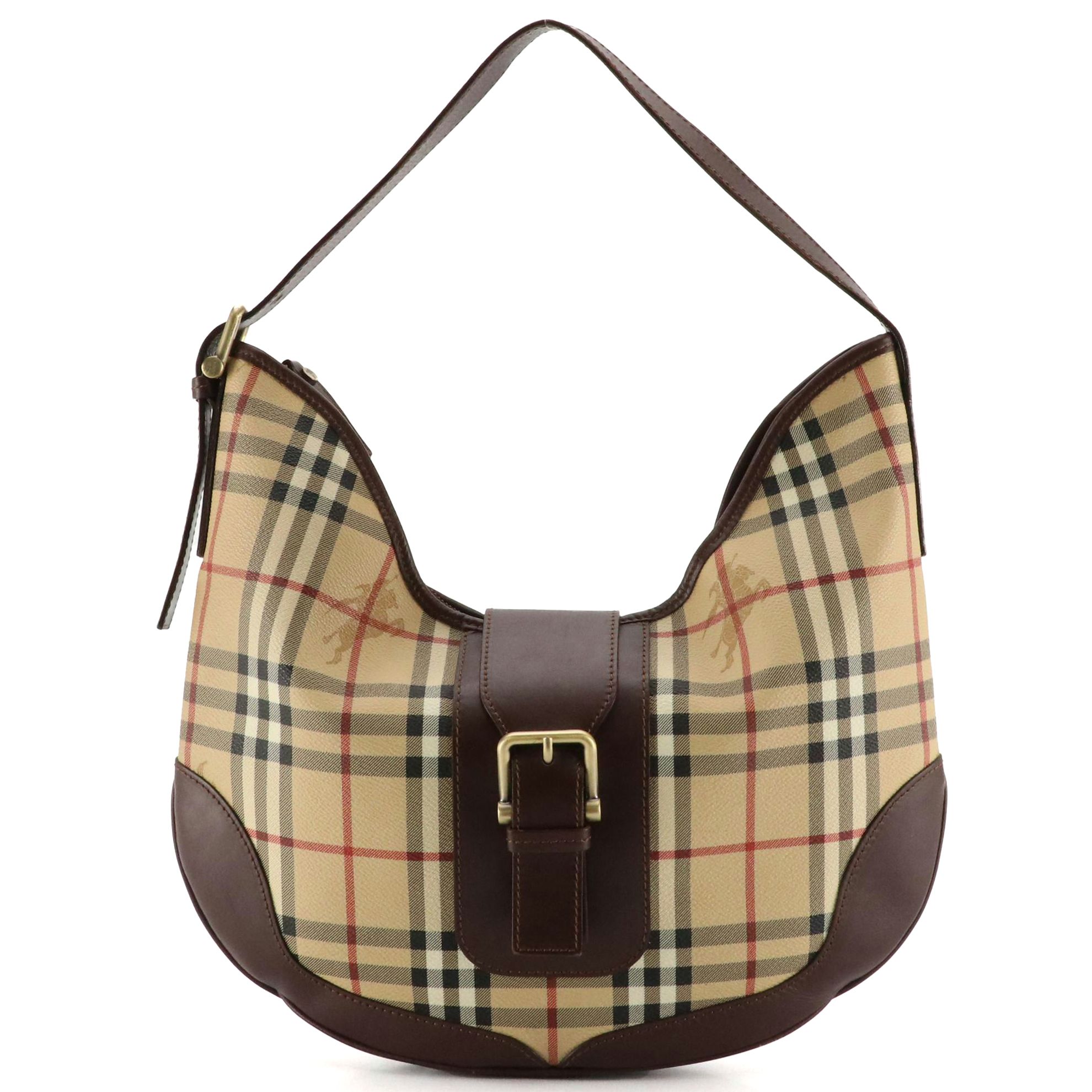 Burberry Large Hobo Shoulder Bag in Haymarket Check Canvas and Brown Leather