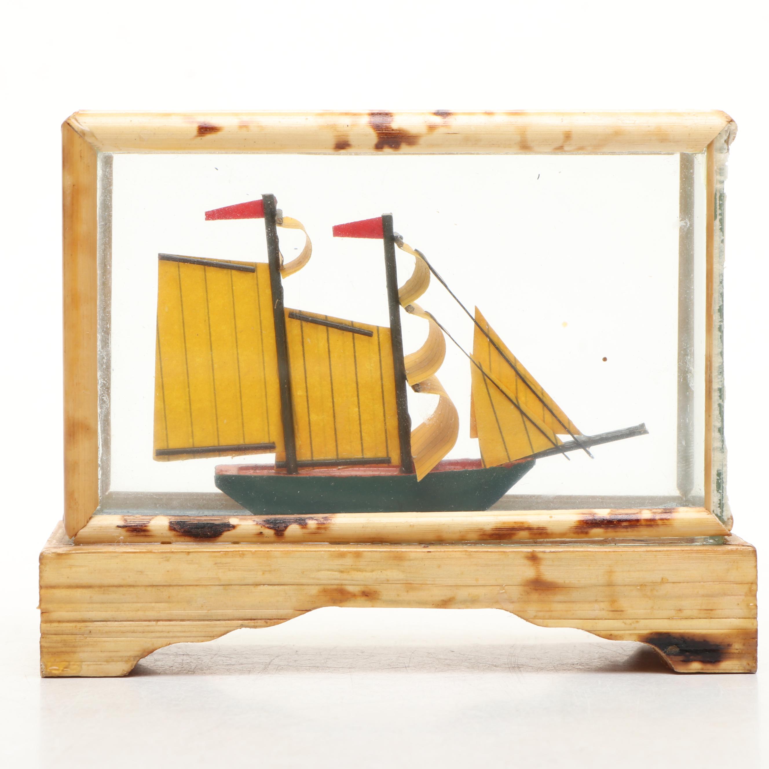 Handmade Paper and Polychrome Wood Model Ship in Bamboo and Glass Case