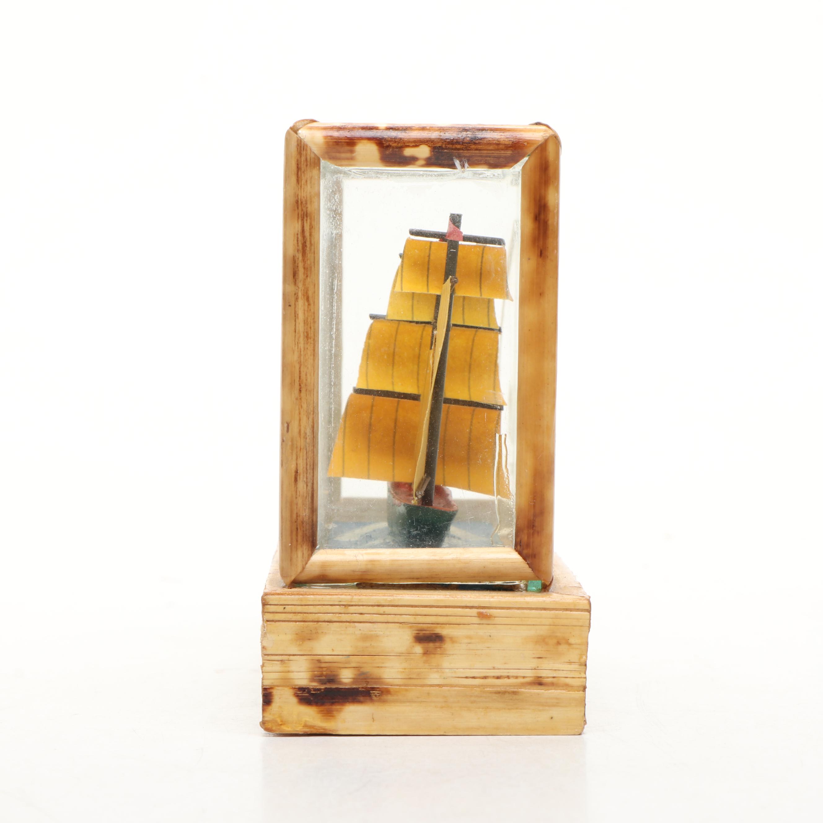 Handmade Paper and Polychrome Wood Model Ship in Bamboo and Glass Case