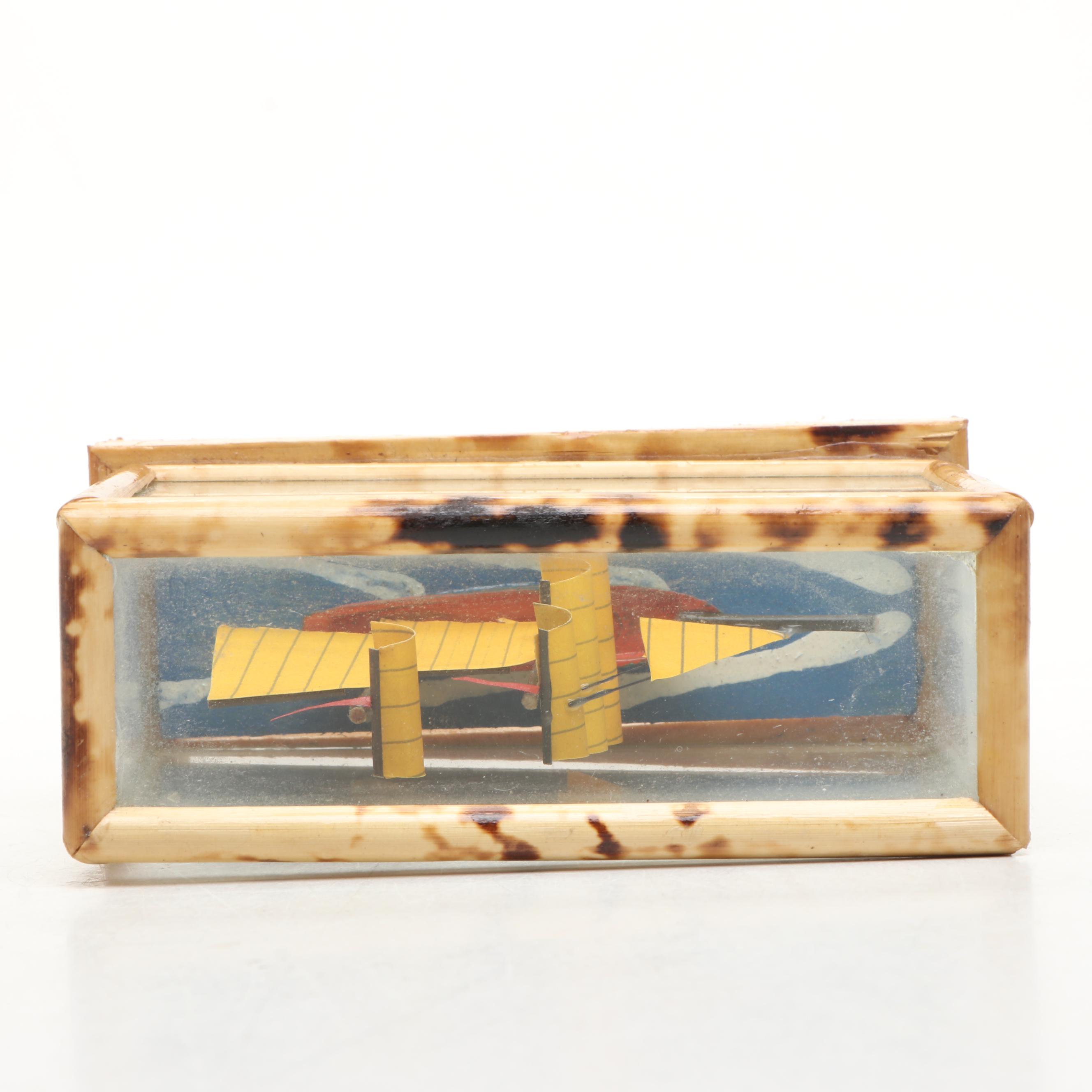 Handmade Paper and Polychrome Wood Model Ship in Bamboo and Glass Case