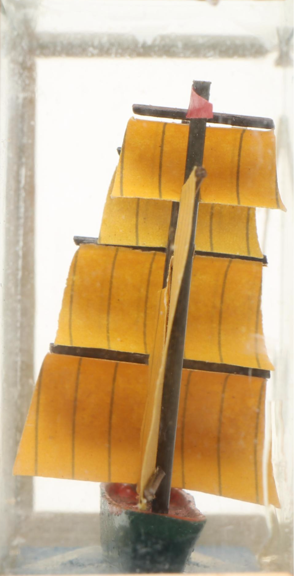 Handmade Paper and Polychrome Wood Model Ship in Bamboo and Glass Case