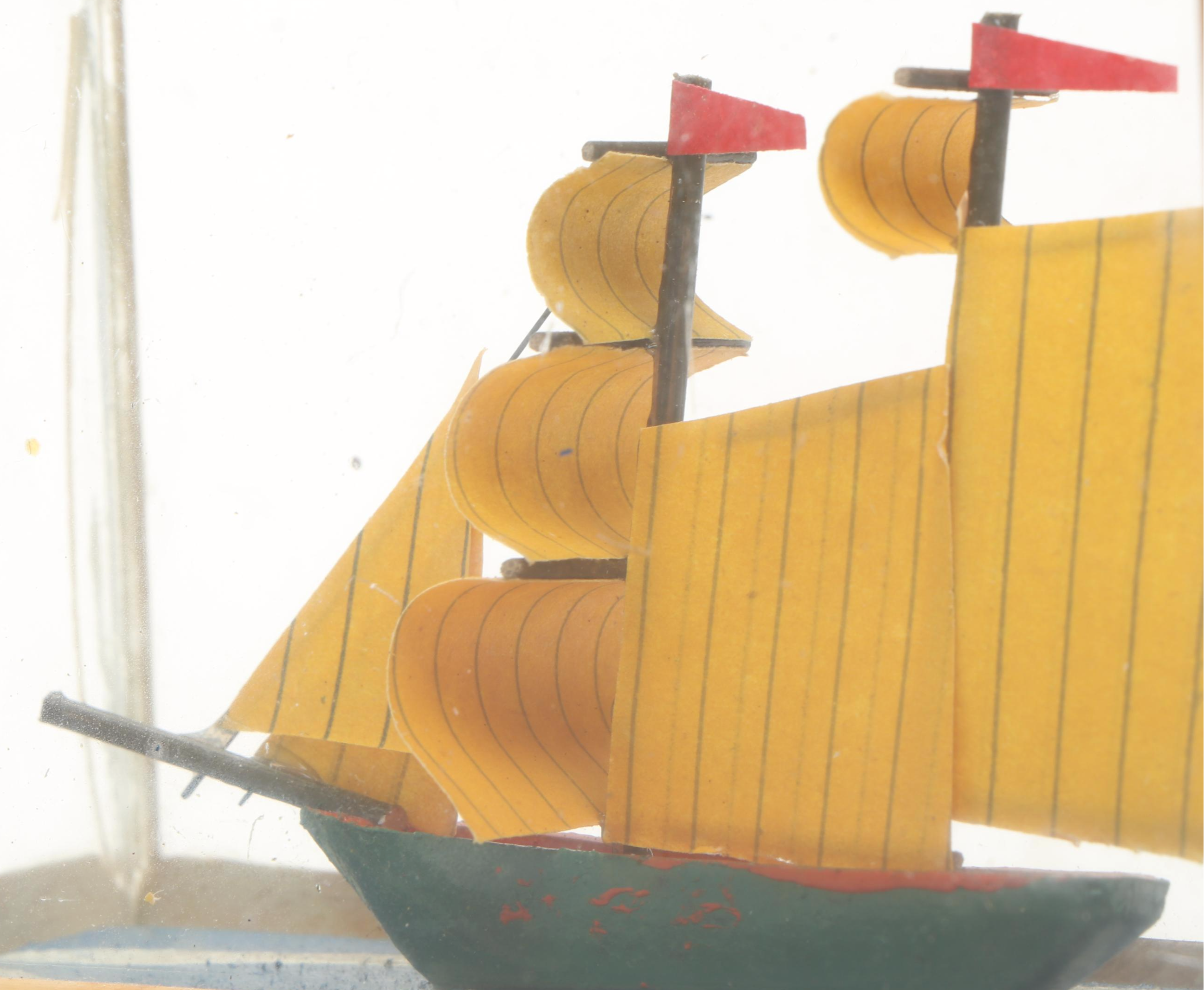 Handmade Paper and Polychrome Wood Model Ship in Bamboo and Glass Case