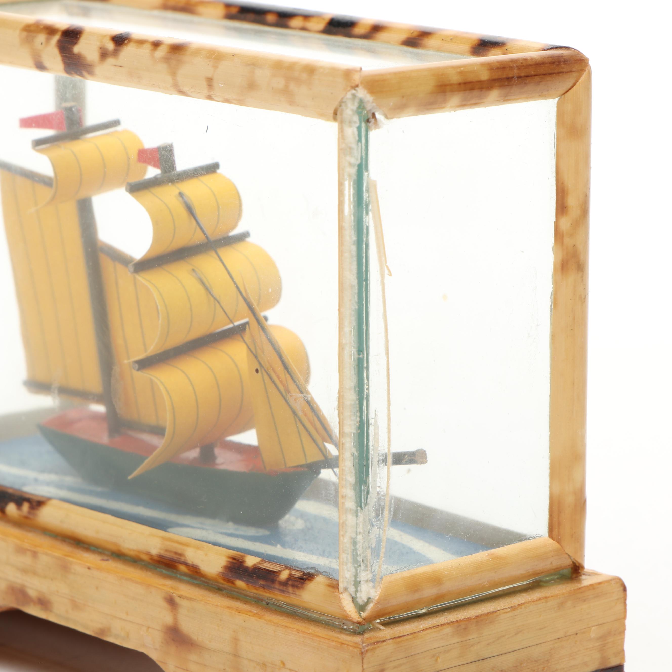 Handmade Paper and Polychrome Wood Model Ship in Bamboo and Glass Case