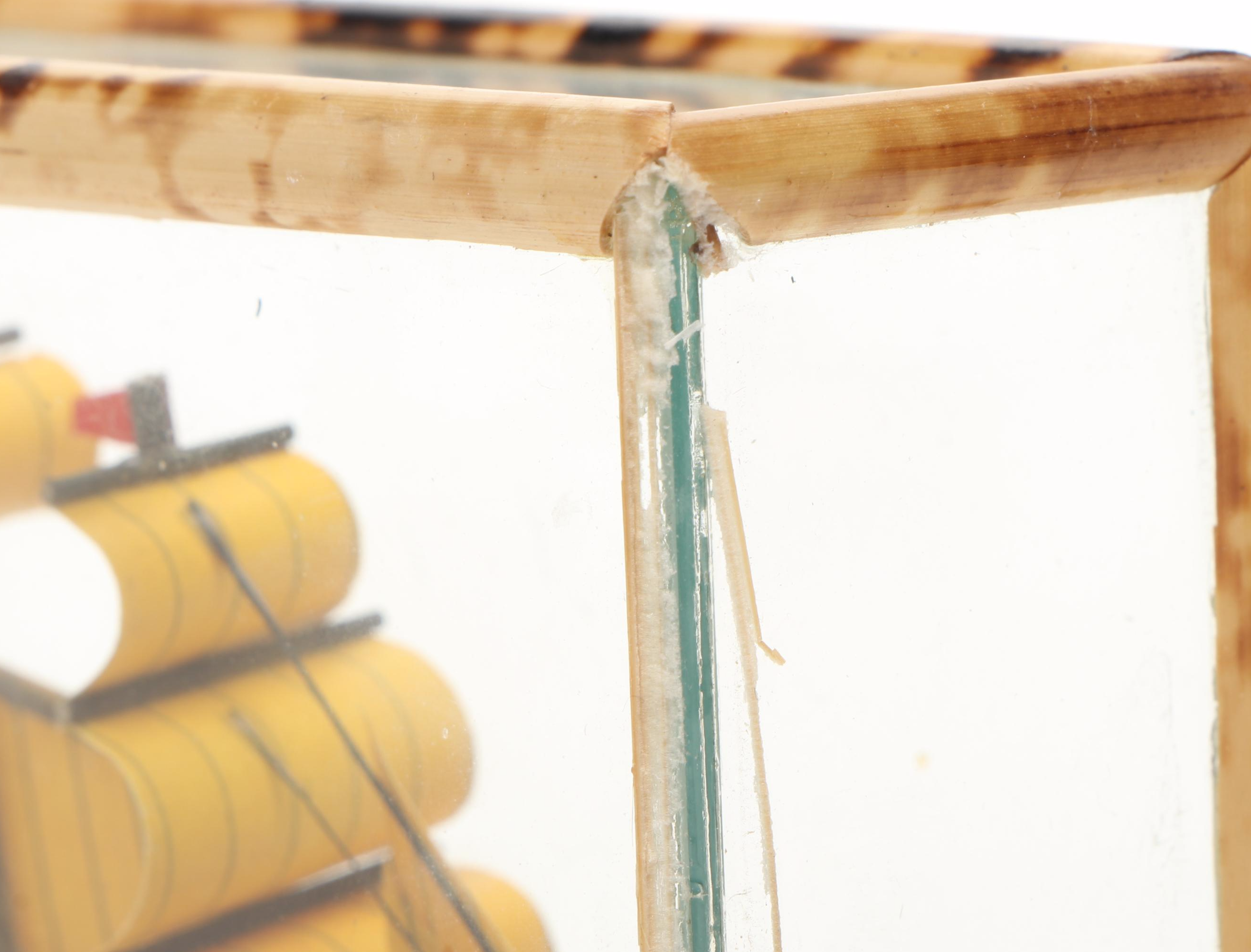 Handmade Paper and Polychrome Wood Model Ship in Bamboo and Glass Case