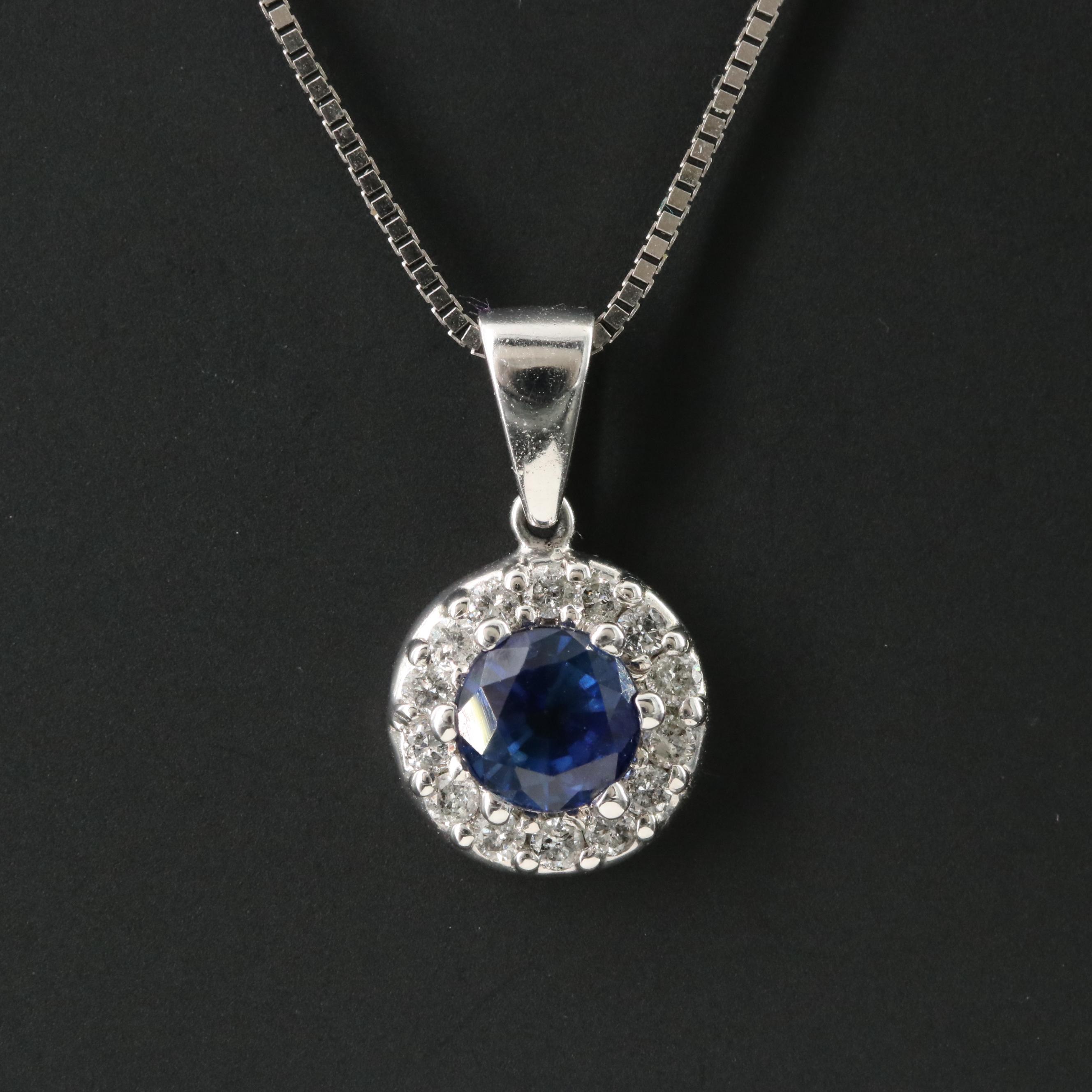 10K Sapphire and Diamond Halo Pendant Necklace