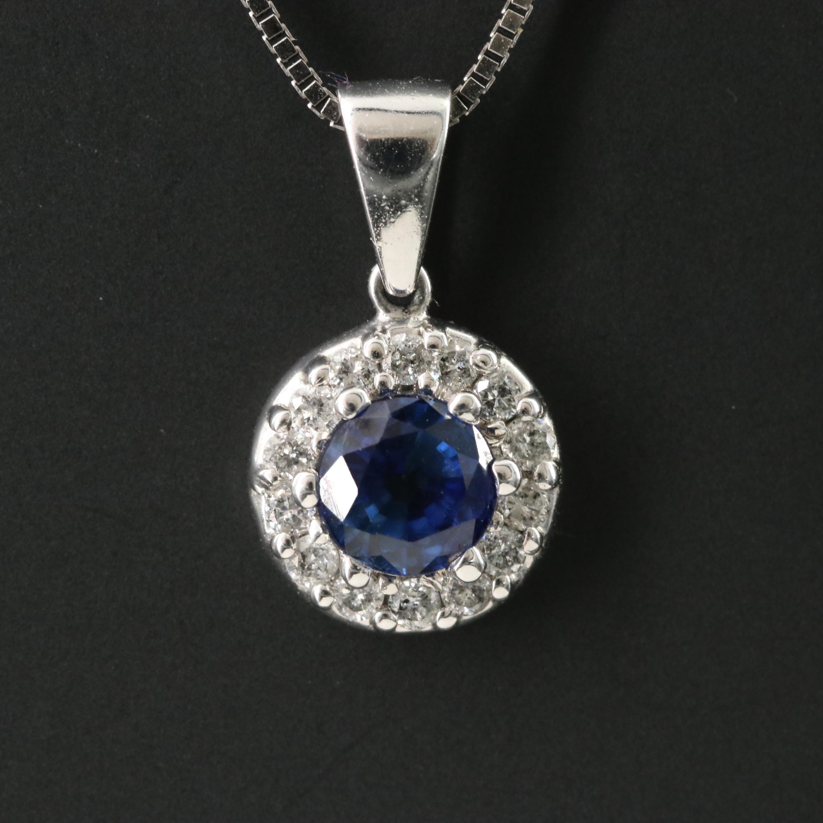 10K Sapphire and Diamond Halo Pendant Necklace