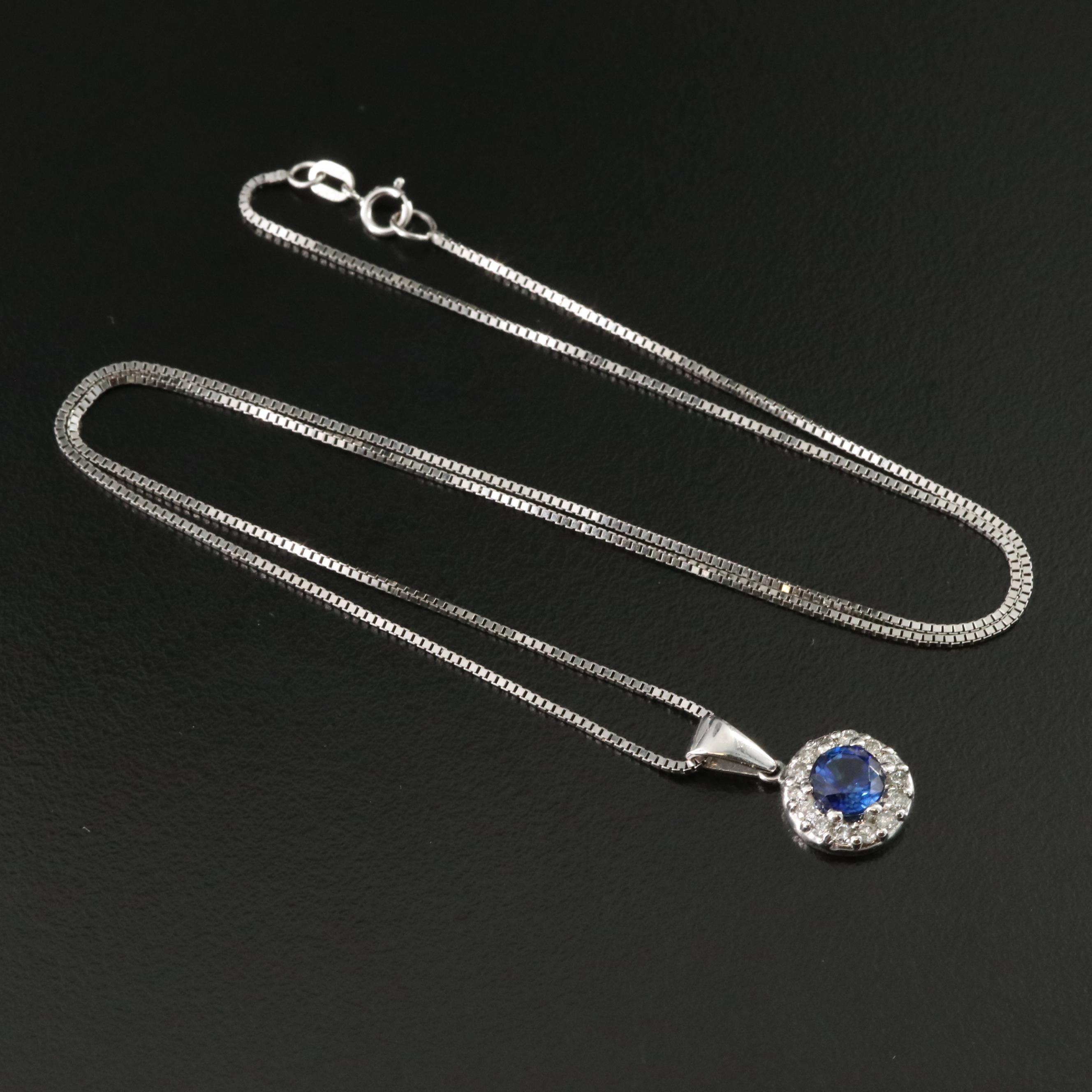 10K Sapphire and Diamond Halo Pendant Necklace