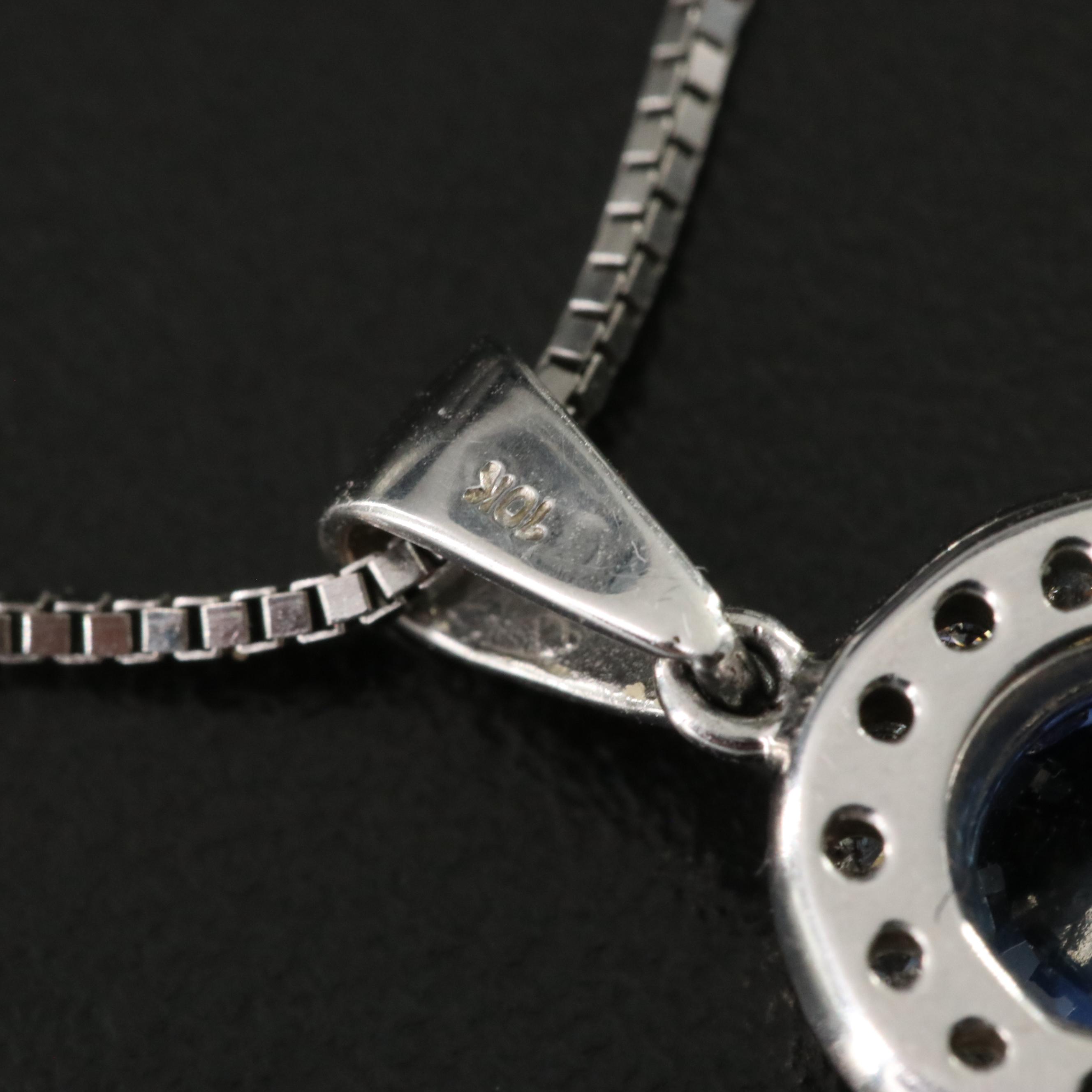 10K Sapphire and Diamond Halo Pendant Necklace