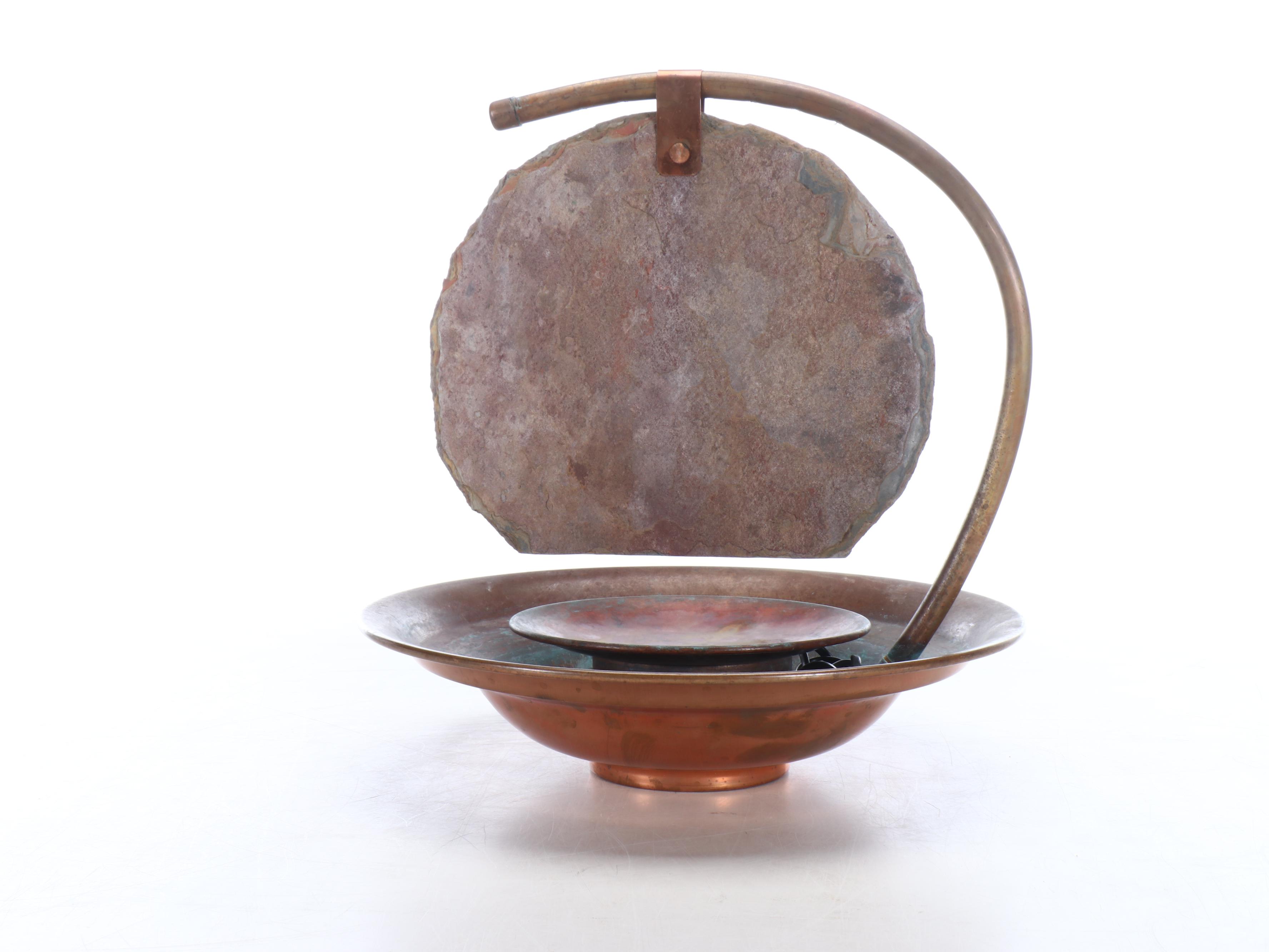 Glazed Terracotta Planters, Metal Planter Stands, and Copper Water Fountain