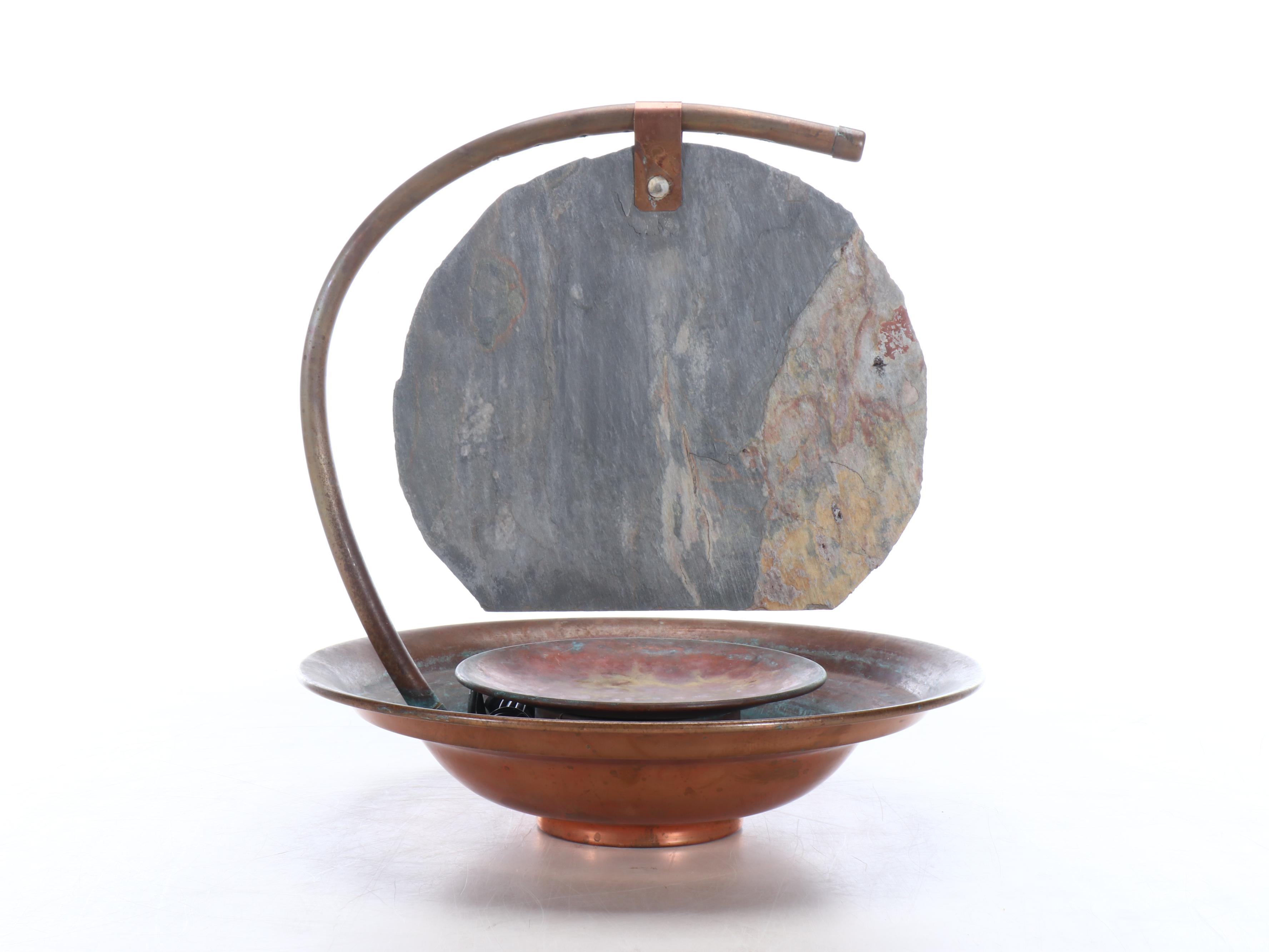 Glazed Terracotta Planters, Metal Planter Stands, and Copper Water Fountain