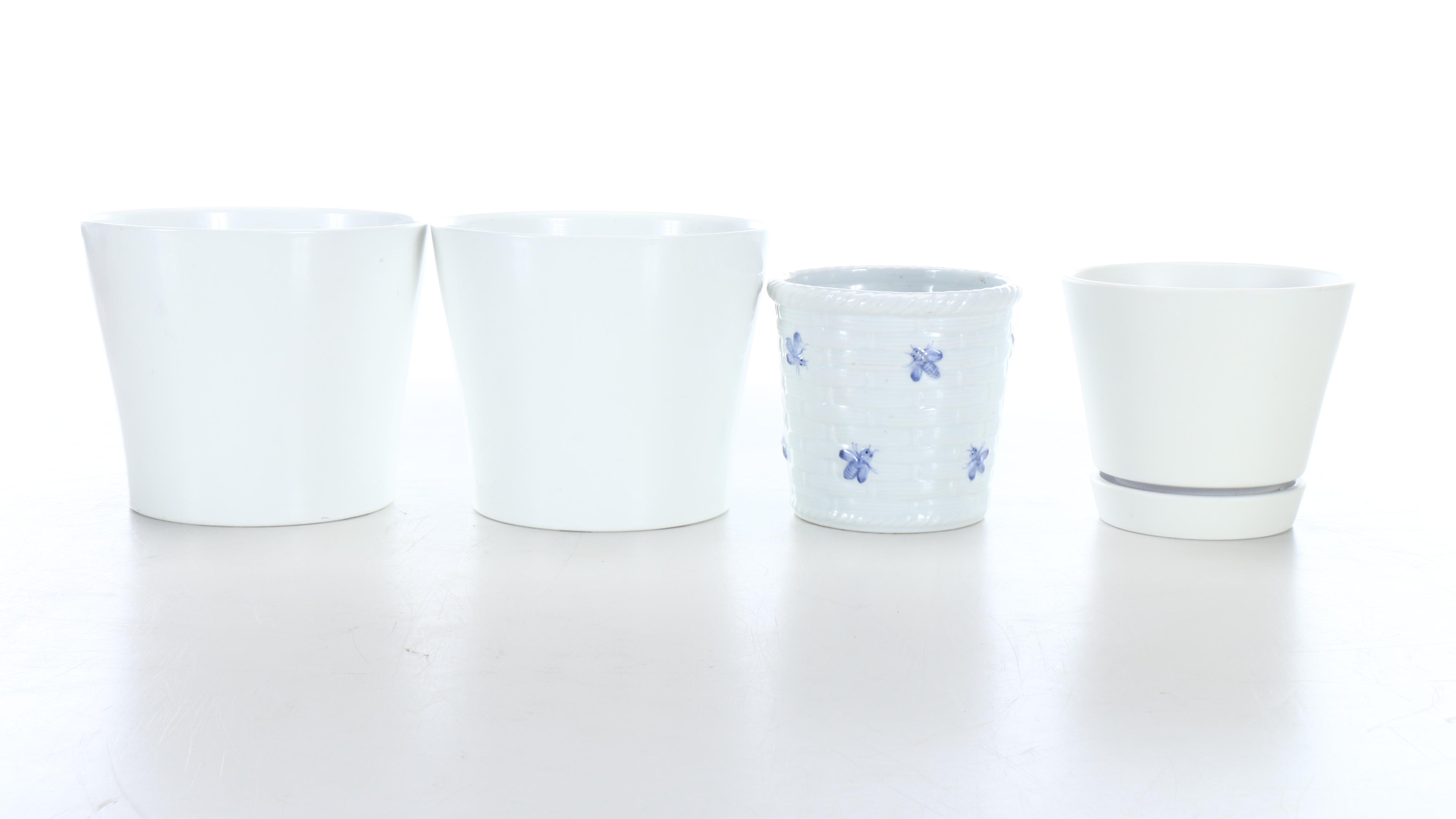 Glazed Terracotta Planters, Metal Planter Stands, and Copper Water Fountain