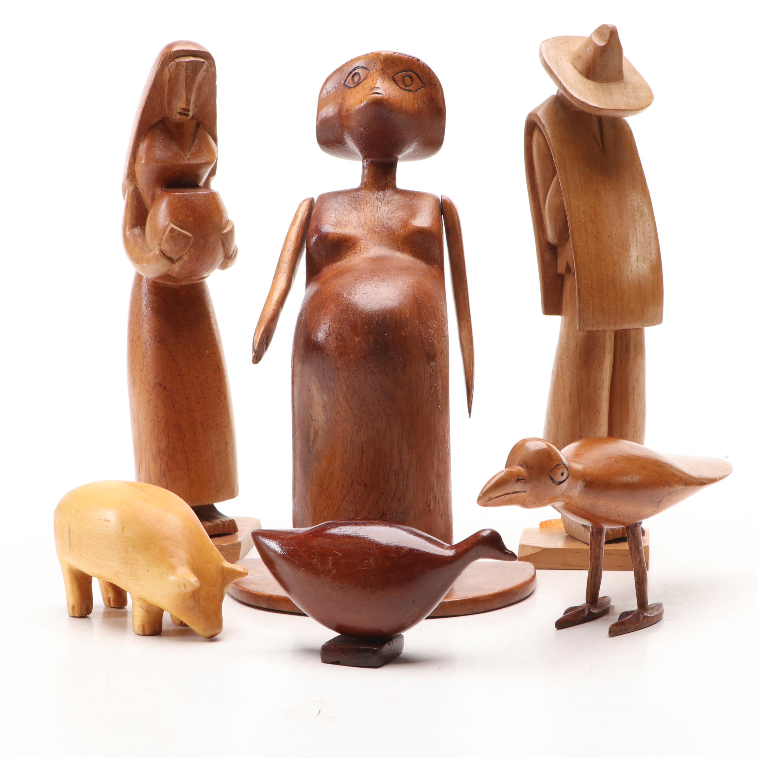 Folk Art Style Wood Carvings of People and Animals, Mid to Late 20th Century