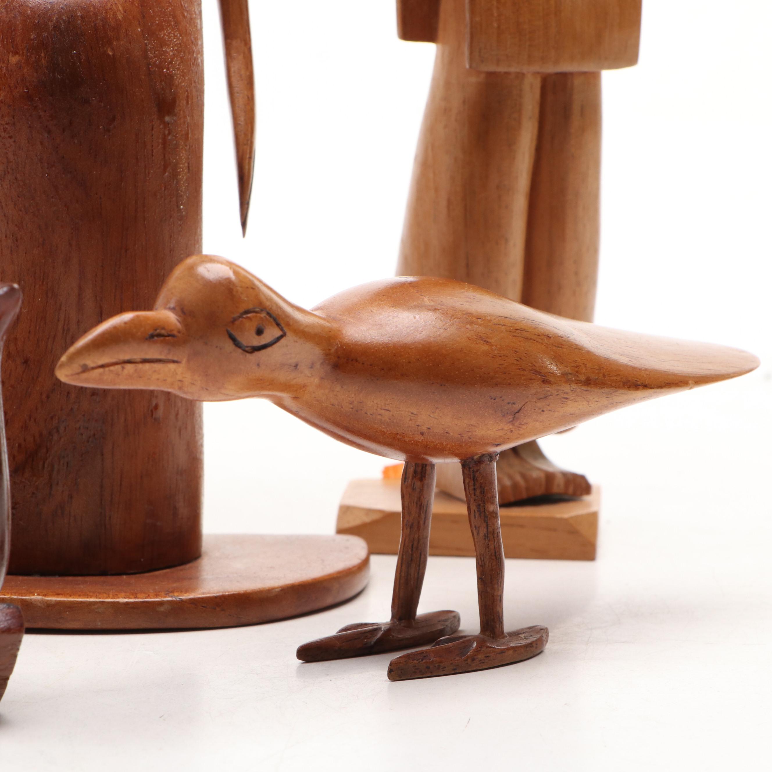 Folk Art Style Wood Carvings of People and Animals, Mid to Late 20th Century