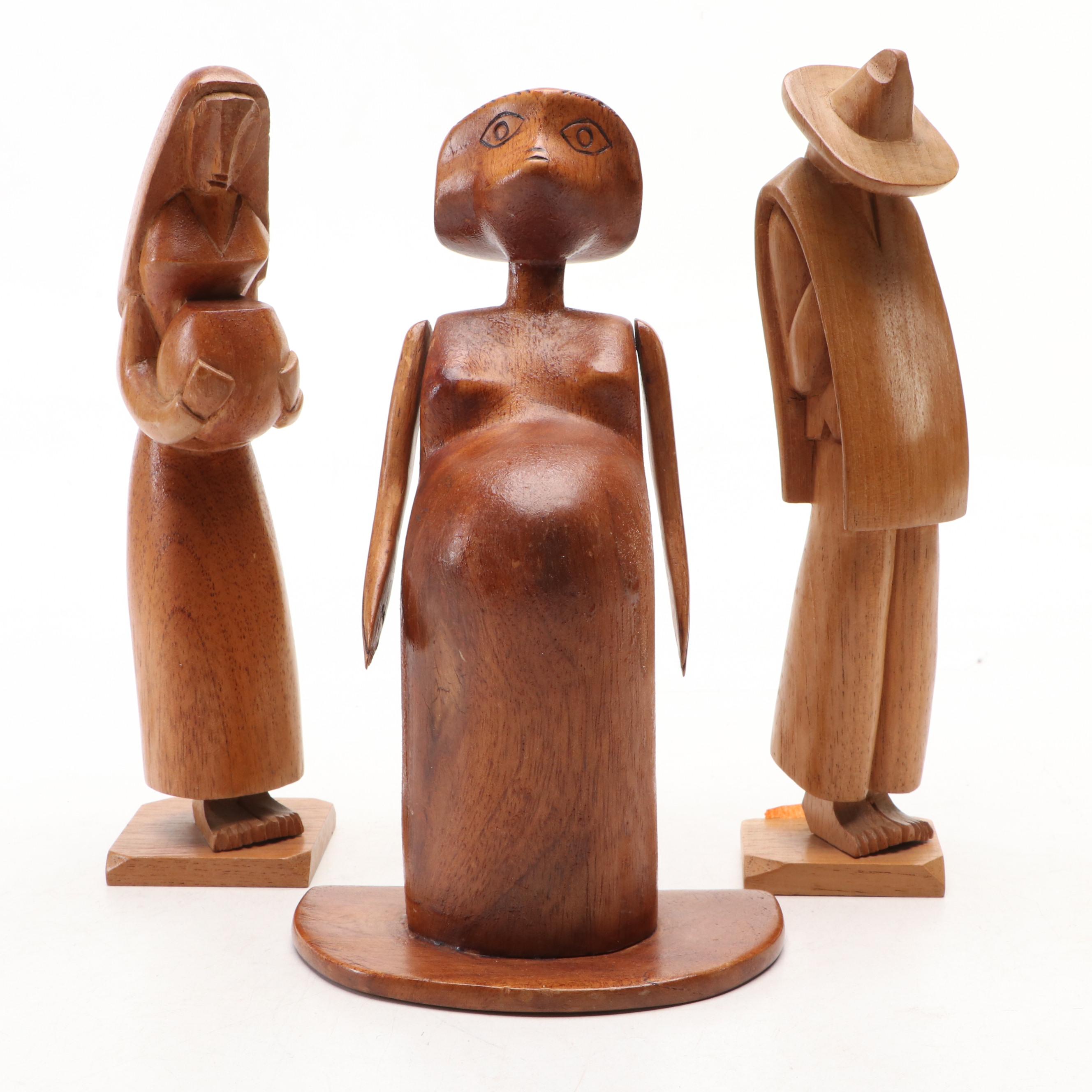 Folk Art Style Wood Carvings of People and Animals, Mid to Late 20th Century