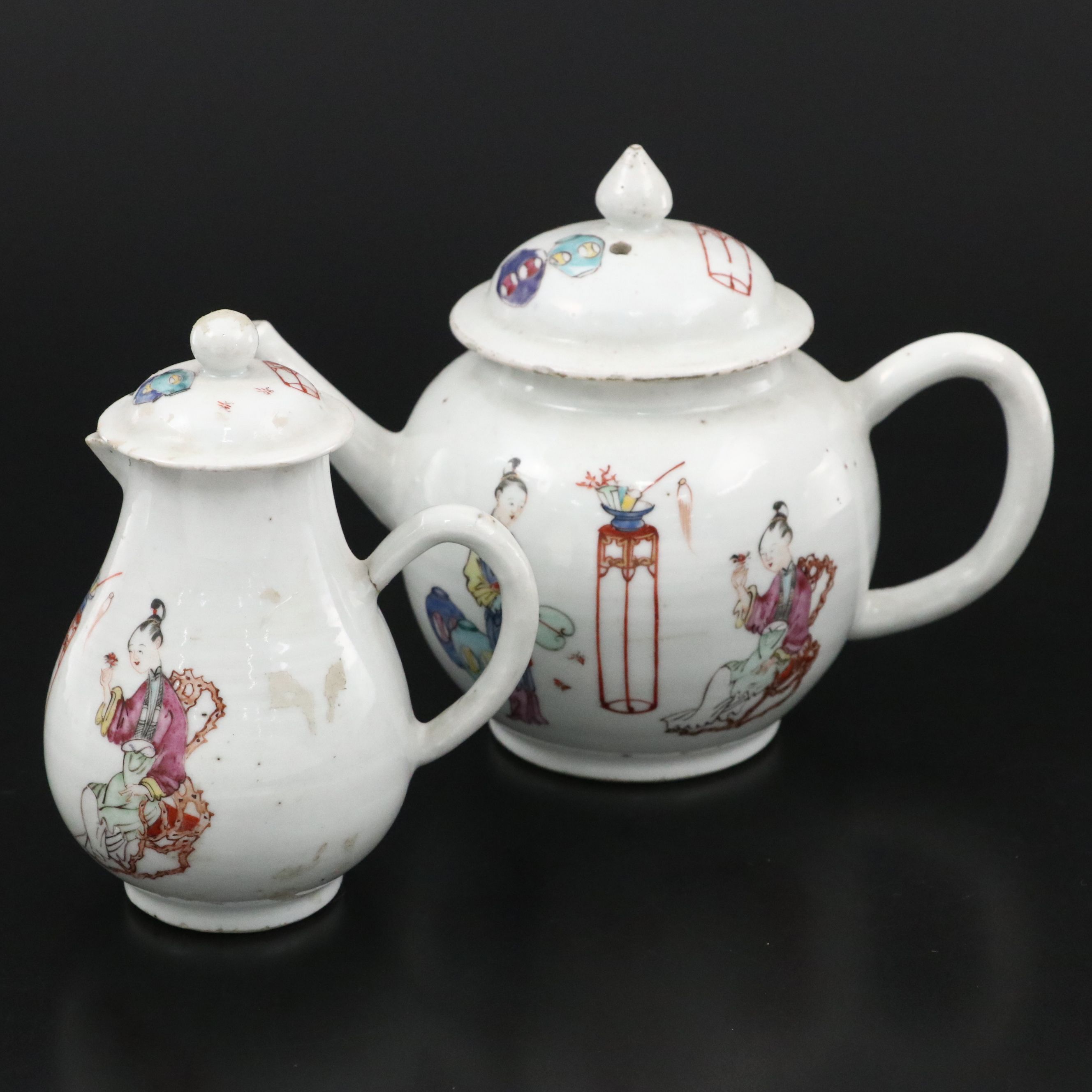 Antique Chinese Export Qing Dynasty Famille Rose Porcelain Teapot and Pitcher