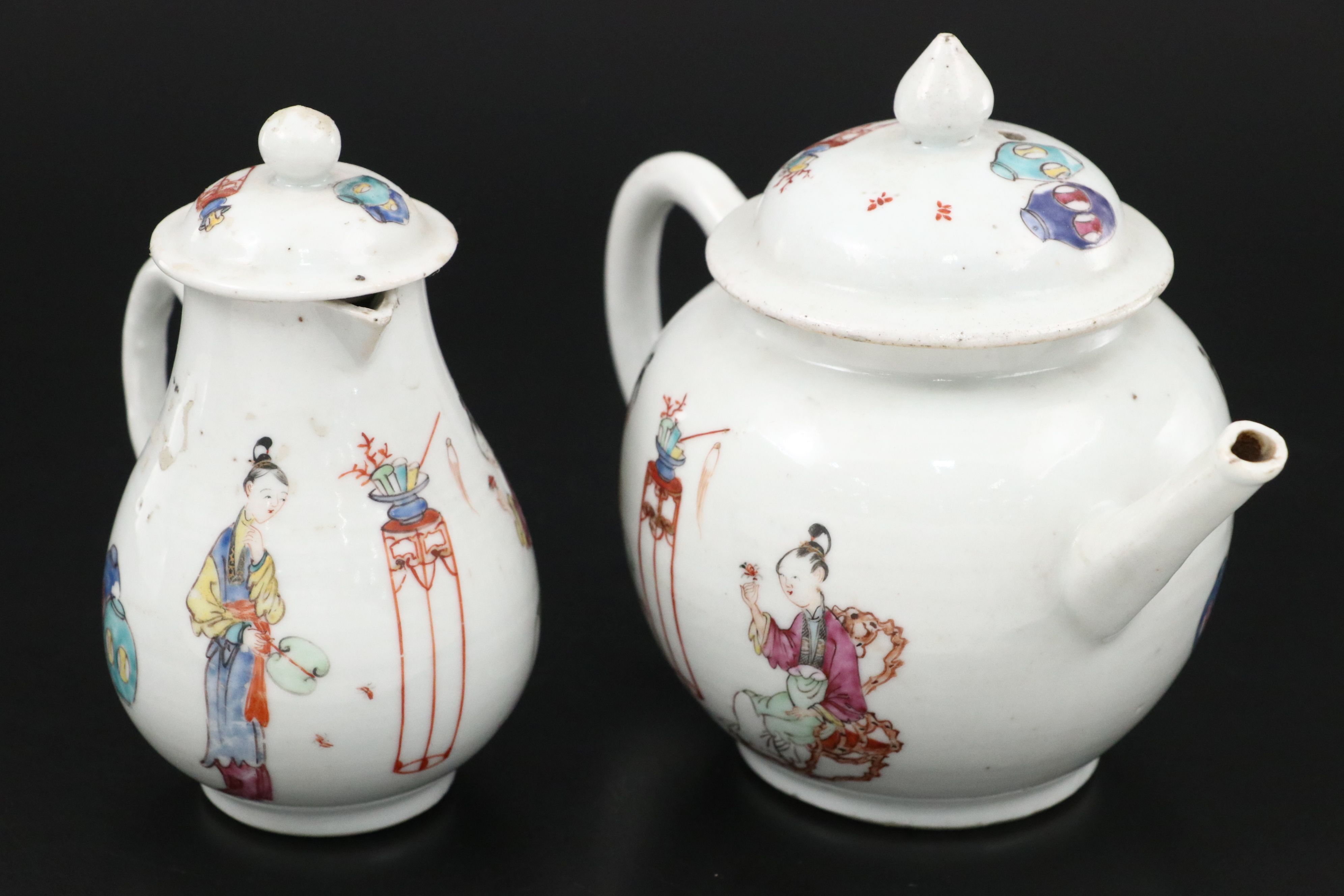 Antique Chinese Export Qing Dynasty Famille Rose Porcelain Teapot and Pitcher