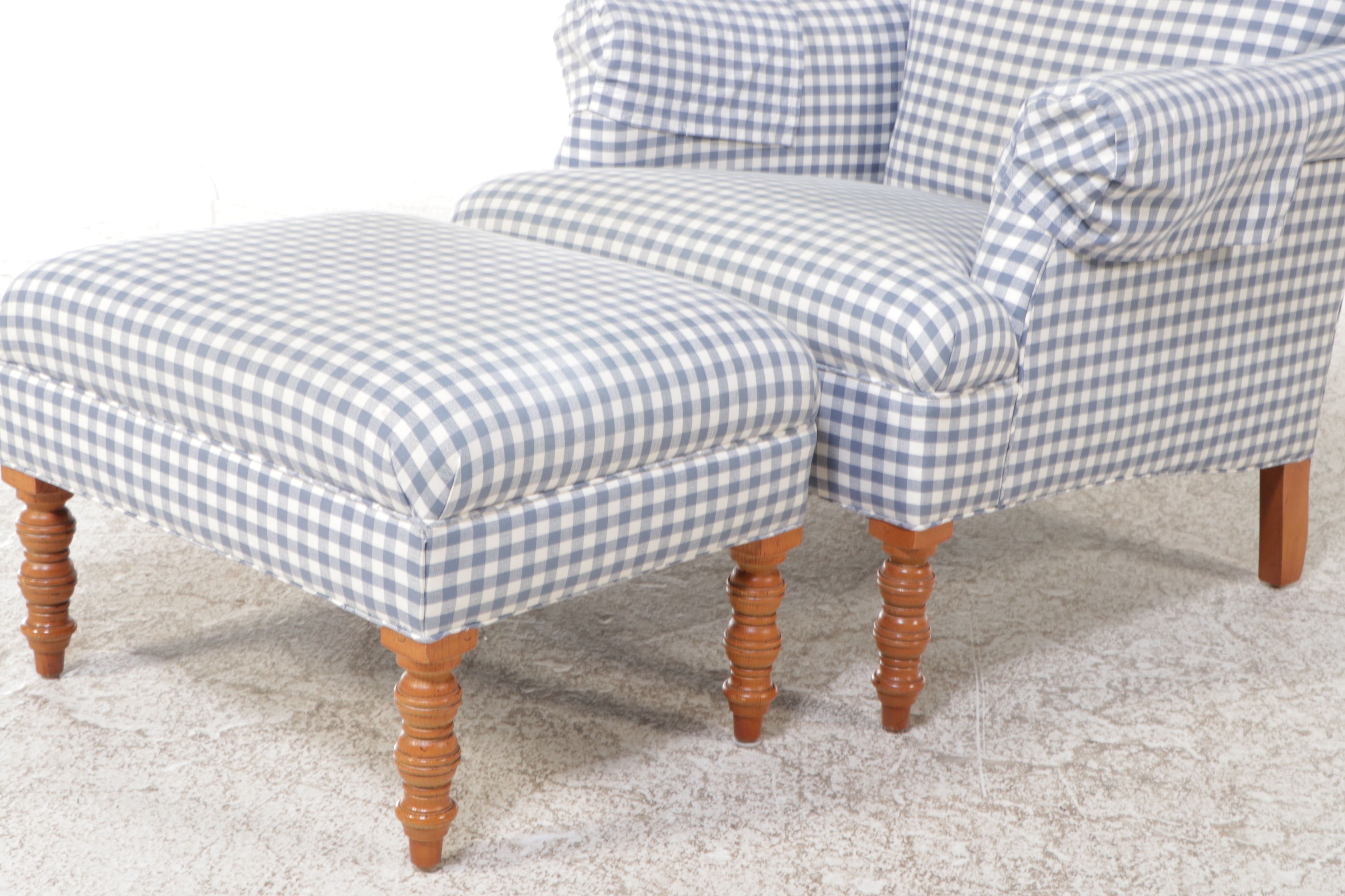 Brandywine Design Furniture Blue Gingham Upholstered Armchair and Ottoman