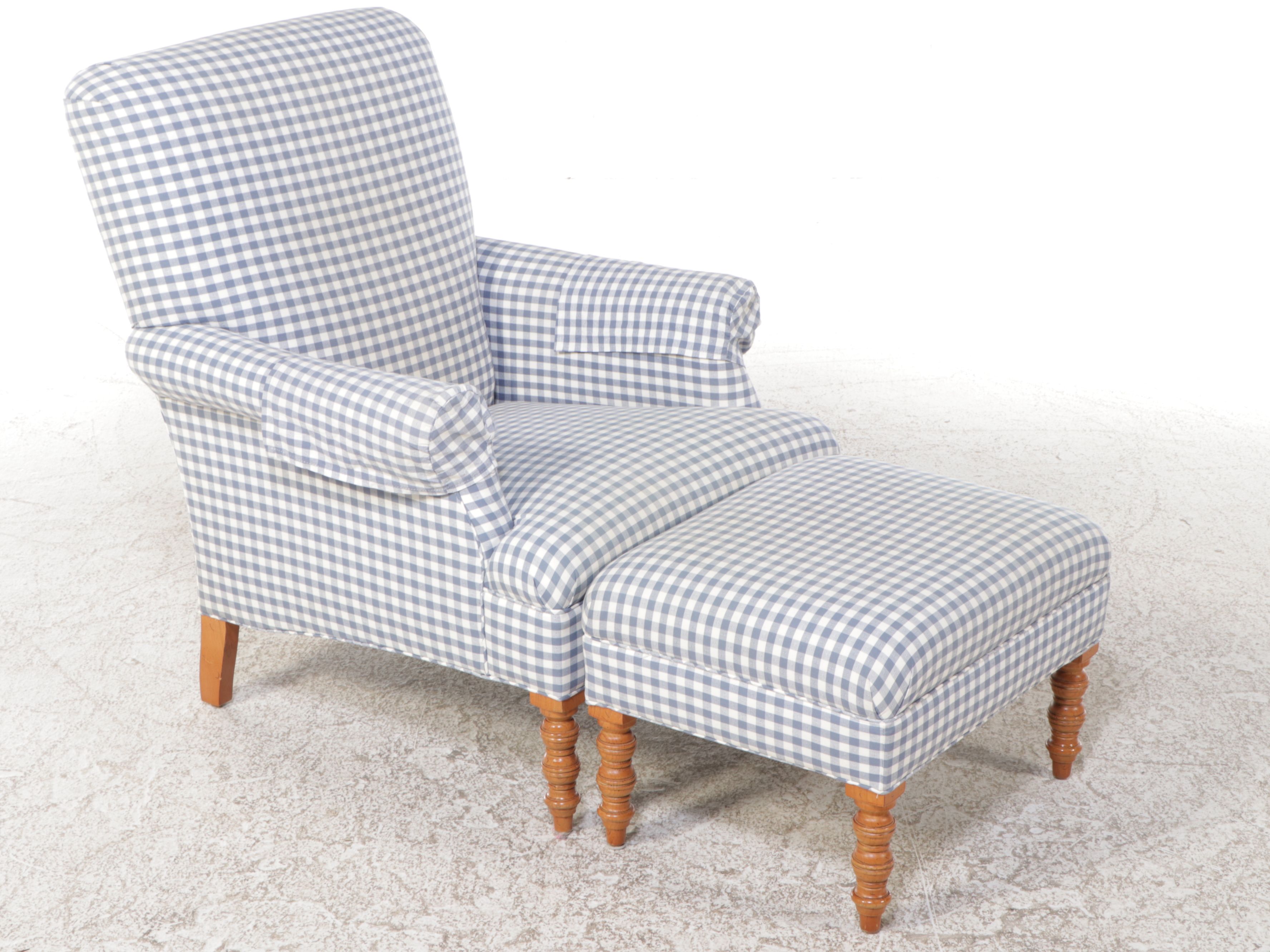 Brandywine Design Furniture Blue Gingham Upholstered Armchair and Ottoman