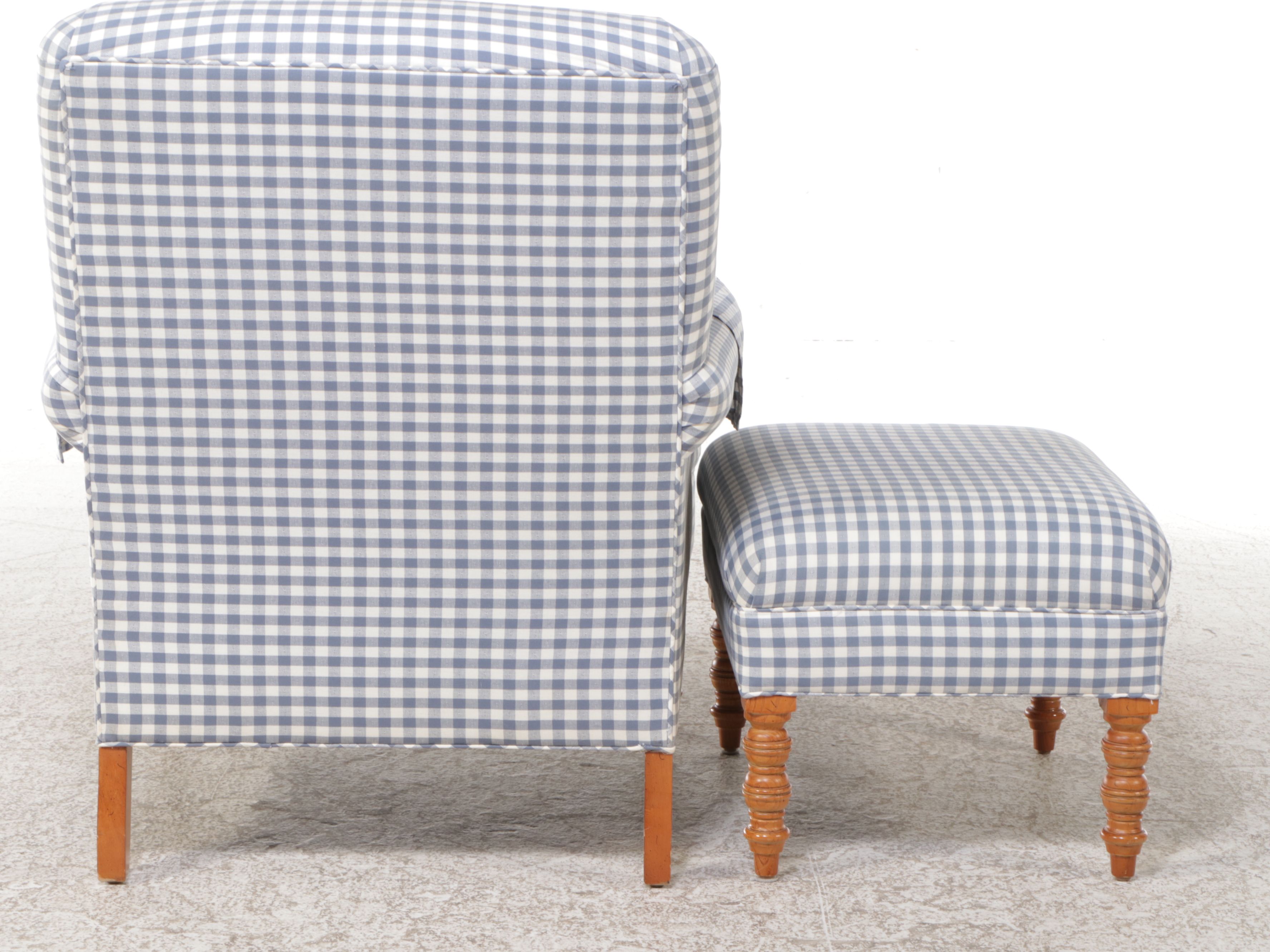 Brandywine Design Furniture Blue Gingham Upholstered Armchair and Ottoman