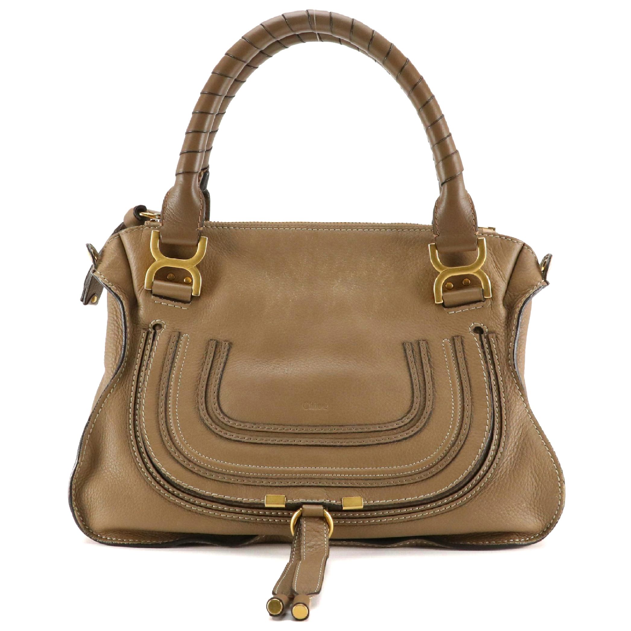 Chloé Marcie Saddle-Stitched Two-Way Bag in Taupe Grained Calfskin Leather