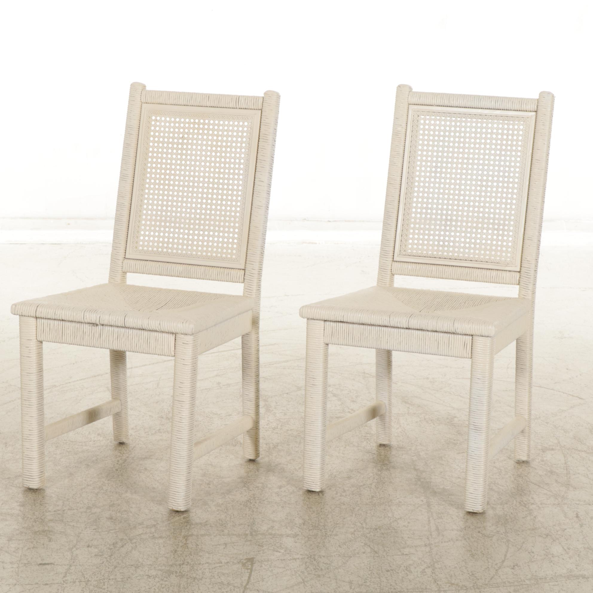 Pair of Painted Side Chairs with Paper Rush Wrap and  Seats and Woven Cane Backs