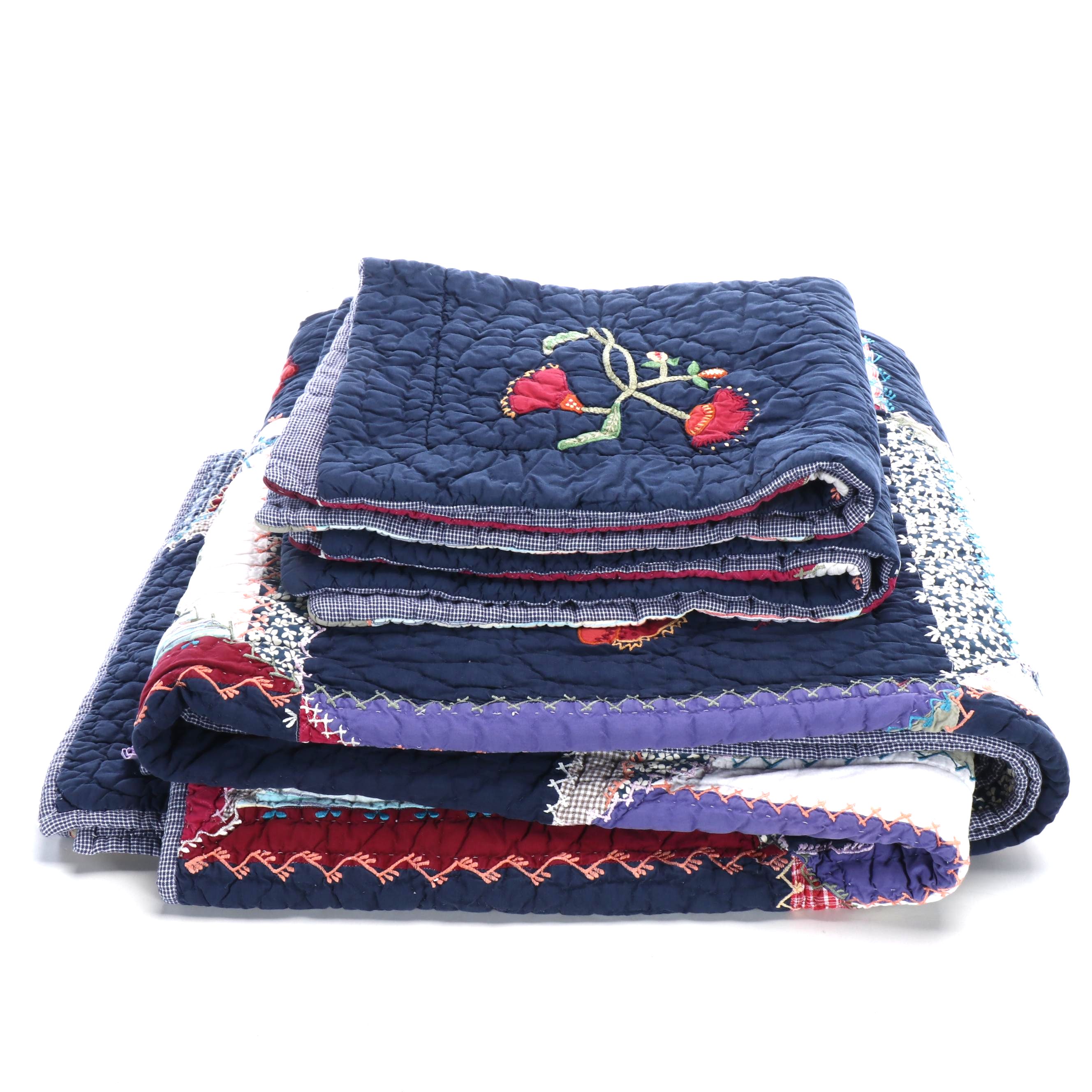 Pottery Barn Red and Blue Floral Cotton Quilt and Shams