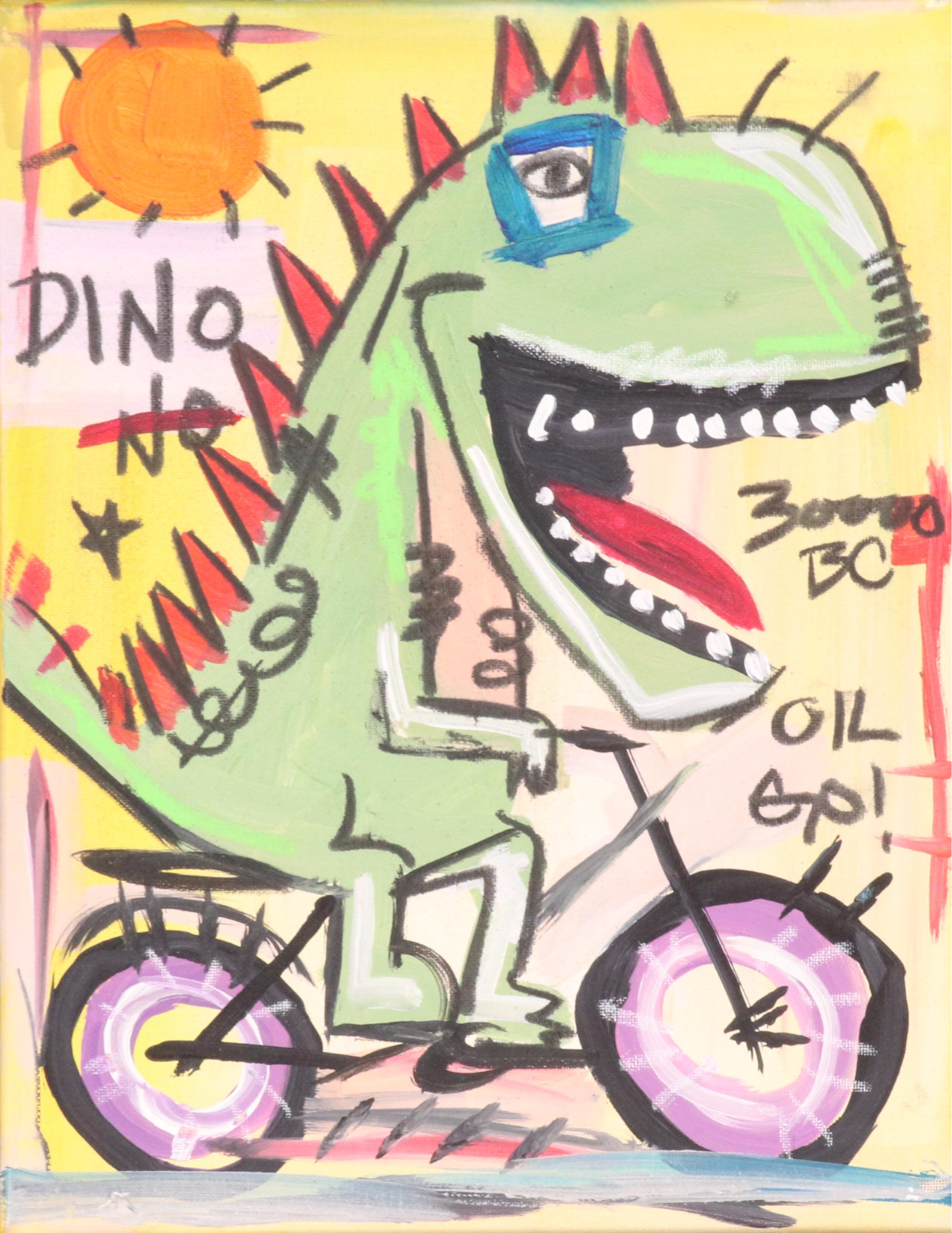 Cor Stylized Acrylic Painting of T-Rex on Bike, 2025