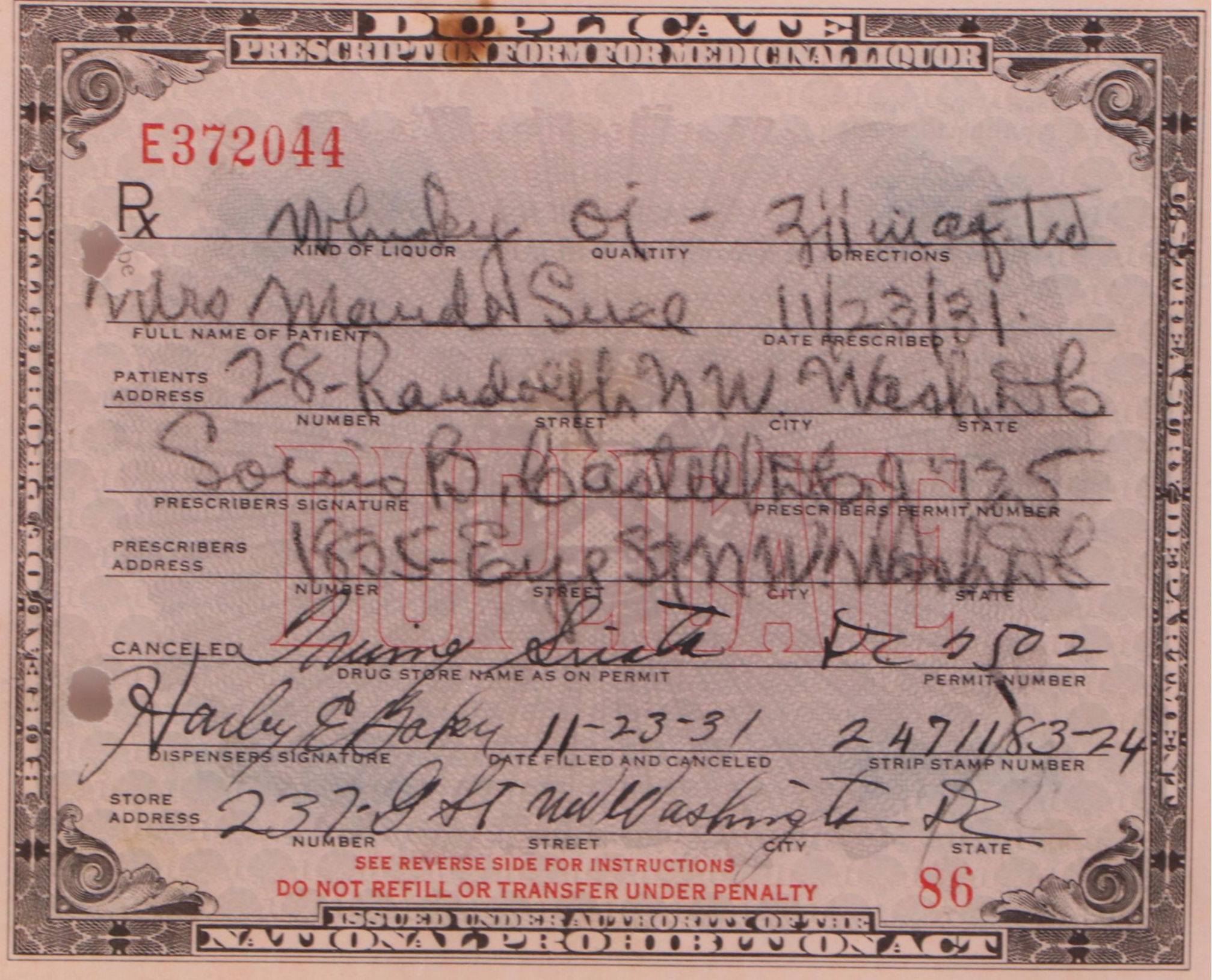 Prohibition Era Prescription Form for Whiskey, 1931