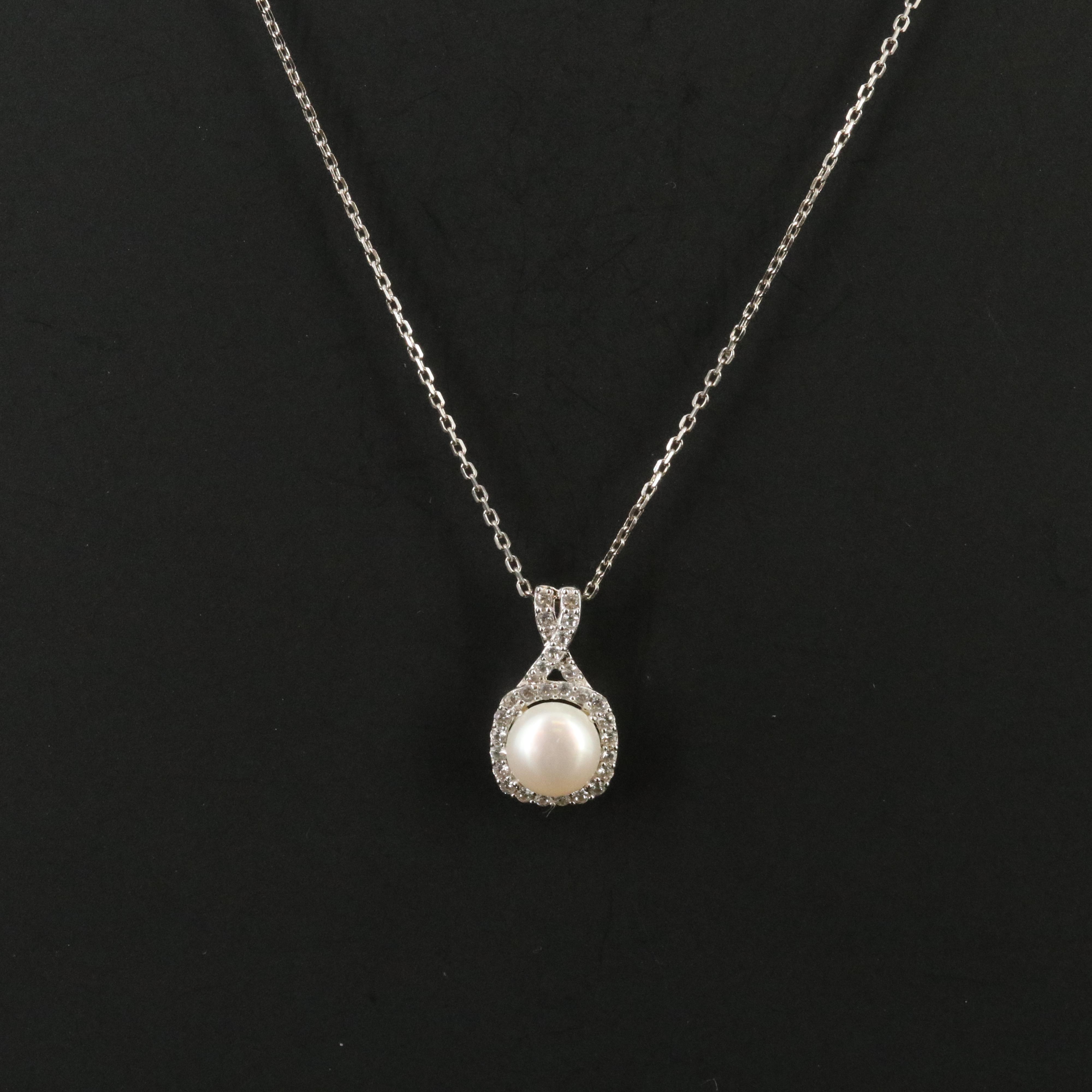 Sterling Pearl and White Sapphire Pendant Necklace