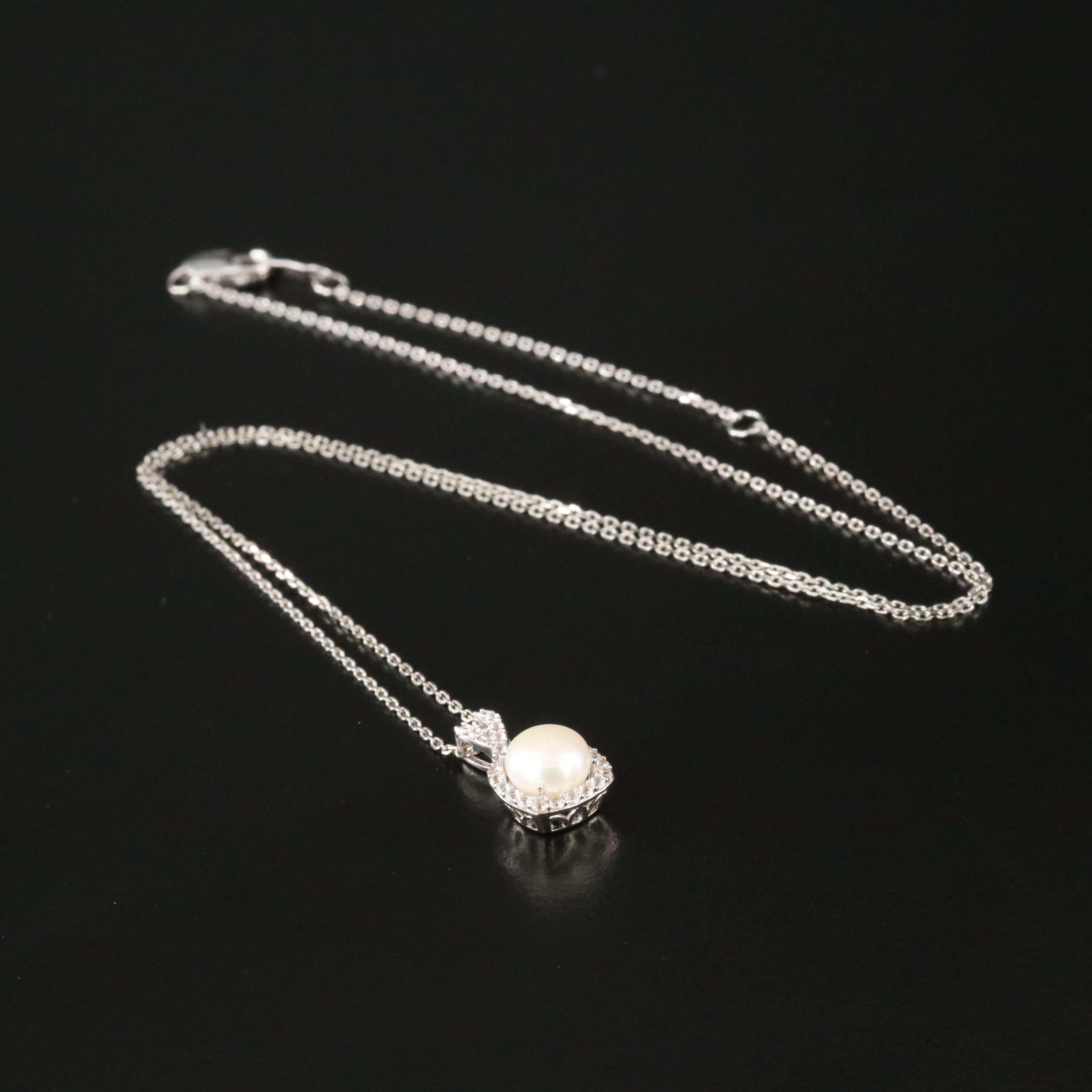 Sterling Pearl and White Sapphire Pendant Necklace