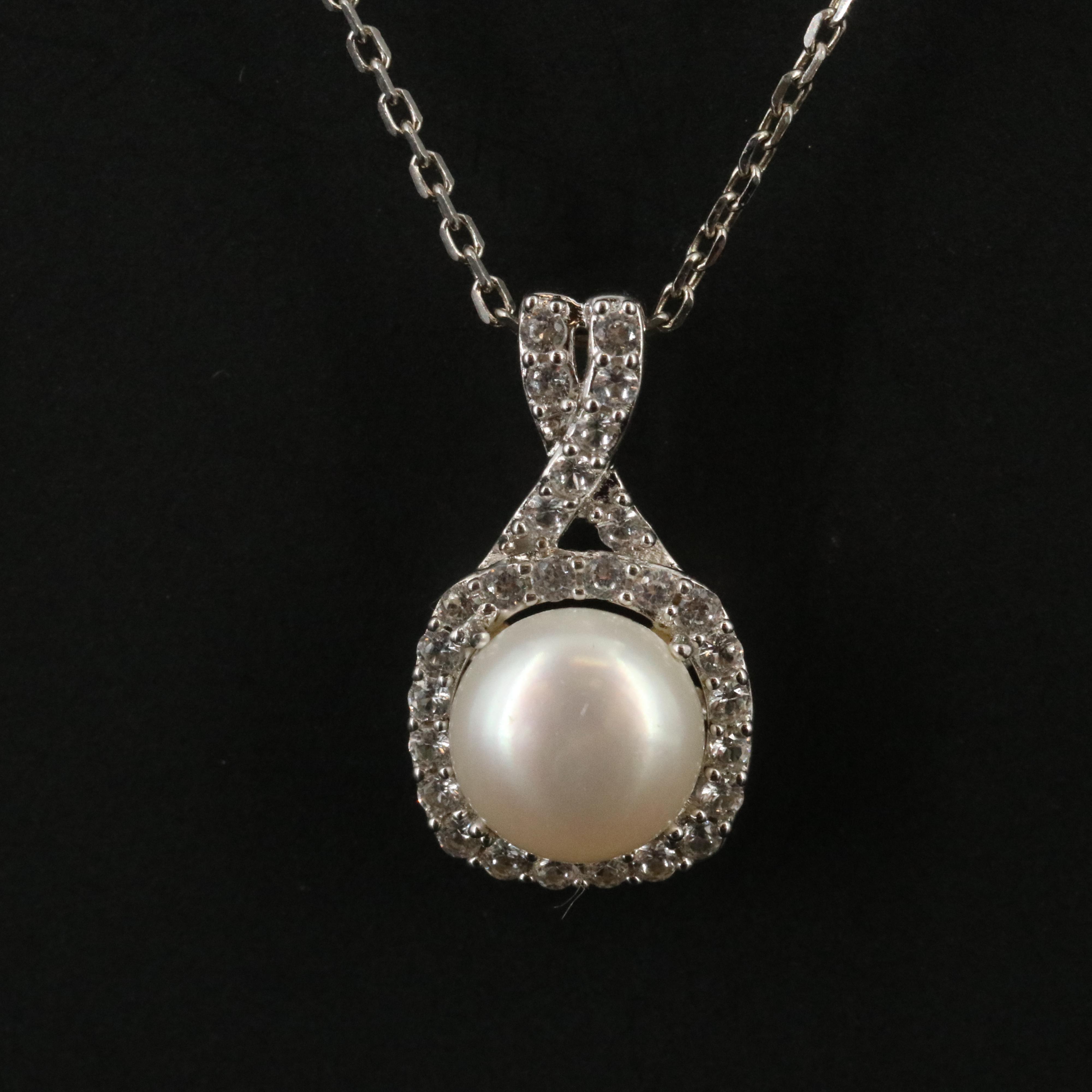 Sterling Pearl and White Sapphire Pendant Necklace